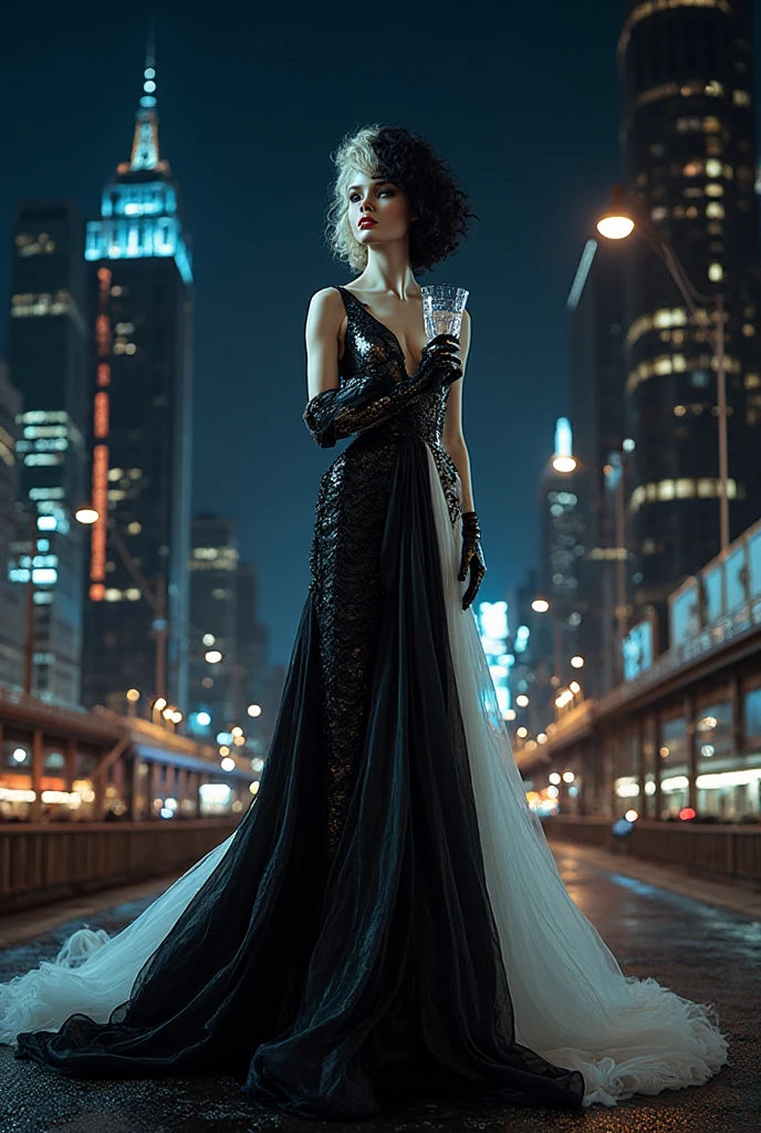 Photo de mode 8K, striking half-platinum half-black hairdo, She is standing on a graffiti garbage truck : tight black leather on one side, white silk floating on the other, with a 20-foot train. She is standing on a graffiti garbage truck, holding a crystal champagne flute, mannequin wearing a two-tone black and white dress {x} with the background of the Manhattan night skyline intertwined with flashes, exuding an imposing presence.