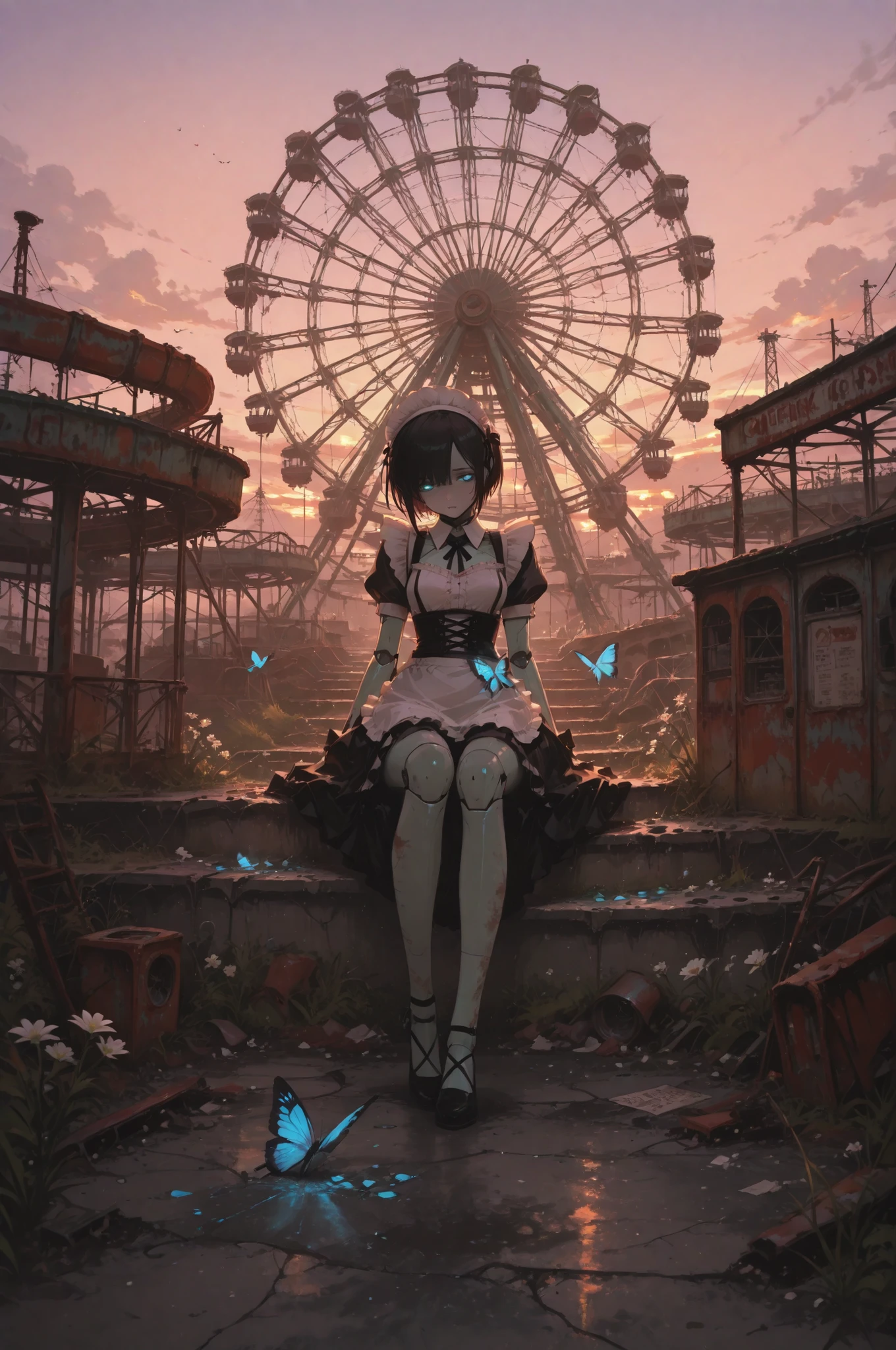 masterpiece, Highest Quality, delicate depiction,  masterpiece, Super Resolution,, Girl-shaped Android , , Clear Artificial Skin, Mechanical structure of joints, Blue Glowing Eyes, short black hair with waist, Delicate fingertips, , Dirty knees, A space where butterflies flutter, quiet atmosphere、high quality, nostalgic x dark, sad yet beautiful scenery of an abandoned amusement park abandoned for many years, huge ferris wheel covered with rust and ivy standing against the sunset sky, The faded appearance and chipped decoration of broken merry-go-round horses, The fading letters and signs left on the crumbling ticket booth and entrance arch, The destructive beauty of an abandoned roller coaster's curved steel frame and collapsed rails、Beautiful white flowers bloom all over the ground、 a field of flowers、decayed android、Android wearing a tattered maid outfit