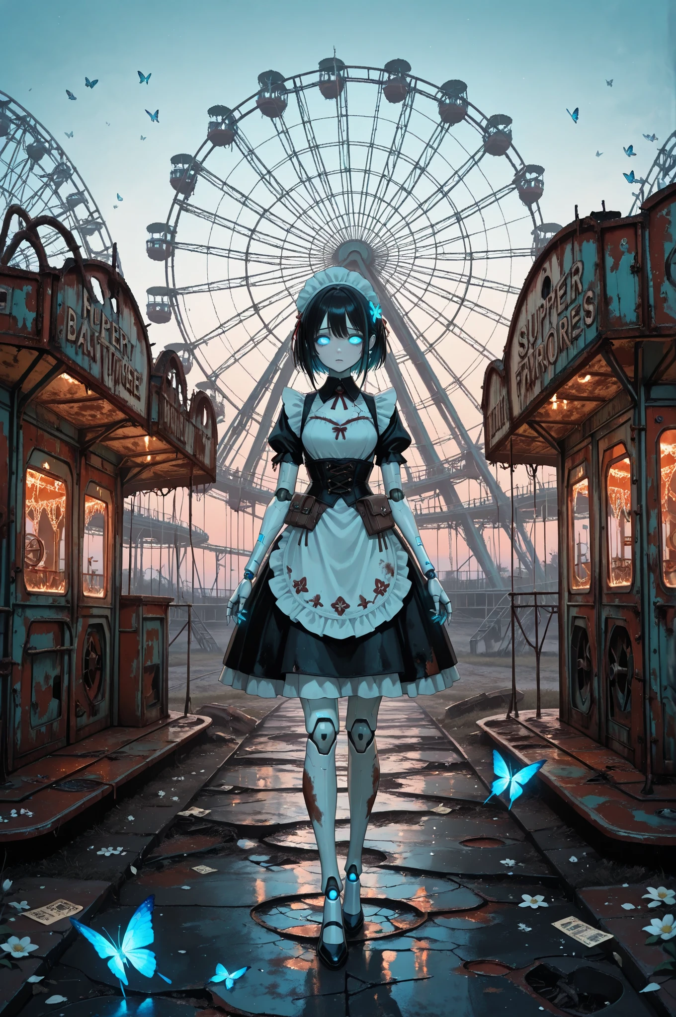 masterpiece, Highest Quality, delicate depiction,  masterpiece, Super Resolution,, Girl-shaped Android , , Clear Artificial Skin, Mechanical structure of joints, Blue Glowing Eyes, short black hair with waist, Delicate fingertips, , Dirty knees, A space where butterflies flutter, quiet atmosphere、high quality, nostalgic x dark, sad yet beautiful scenery of an abandoned amusement park abandoned for many years, huge ferris wheel covered with rust and ivy standing against the sunset sky, The faded appearance and chipped decoration of broken merry-go-round horses, The fading letters and signs left on the crumbling ticket booth and entrance arch, The destructive beauty of an abandoned roller coaster's curved steel frame and collapsed rails、Beautiful white flowers bloom all over the ground、 a field of flowers、decayed android、Android wearing a tattered maid outfit