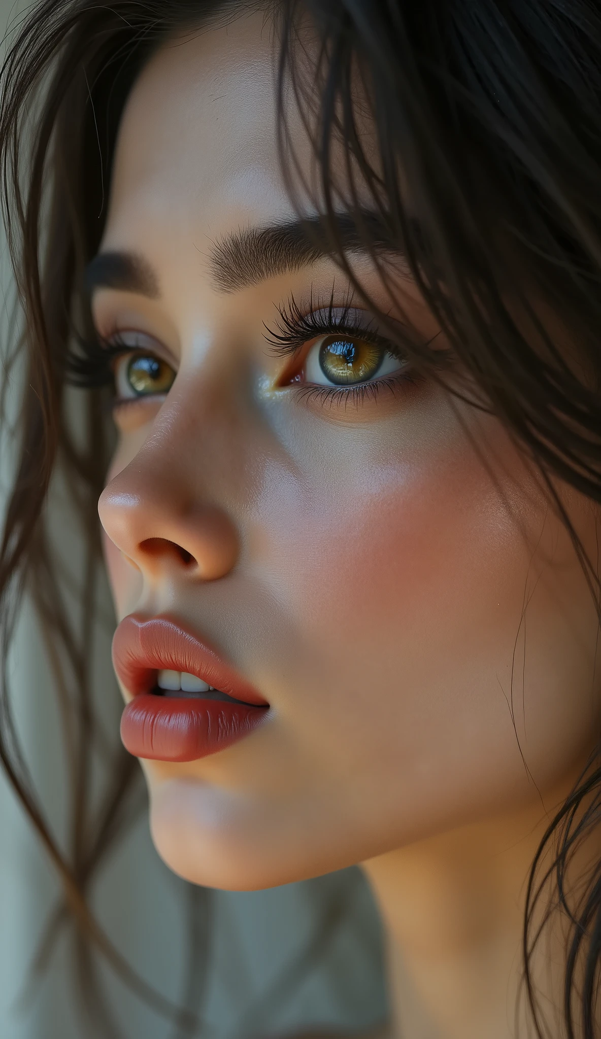 Ultra-realistic (photorealistic Realism) , "ultra-detailed, UHD, Hyper high resolution" - "(Hyper quality, intricately ultra-detailed digital art)" (Key Directive: - ("The priority is the anatomical accuracy and texture of the materials" - "Ultra-sharp human eyes with biological accuracy") (ultra realistic texture details: velvety skin, hair),  (dark hair (short hair:1.29)((slicked to one side)), intricately detailed:1.3), "long Lashes: individual synthetic fibers (crosshatched roots:1 . 2 , clump-free separation)" - "(Carefully draw Long mascara:1.22)" [perfect dark eyeshadow:1.2][glossy red lipstick:1.3], professional Magic Makeup on eyes:1.3, perfect composition. Eyes (acid-resistant terminology) (macro-details:1.5): * Moist corneal surface (visible aqueous layer:1.2) * Hyper-detailed iris eyes (brown with gold flecks) * Precise limbal ring (slightly darker pigmentation:1.1) * Pupil micro-texture (irregular edge authenticity:0.9) * Vasculature in sclera (subtle red veins radiating from limbus) Technical Specs: (Optics: - "Zeiss Otus85mm f/1 . 4 lens (eye refraction calculations:1 . 3)" - "Shutter Speed:1/500 (freeze eye micro-movements)" - "Focus Stacking:7-point coverage on iris plane") Post-Processing: - "Frequency separation for skin vs eye details" - "Selective sharpening: eyes220% , hair150%" - "Denoise: luminance20 , color35 (retain corneal speculars)" (Avoid: "pupil distortion , uncanny valley asymmetry , plastic-like wetness"). (skinny body build),(perfect hot model body:1.4), (body shot to knees:1.4)、no blur sharp focus on all body, {"psychedelic background,voronoi backround"}.