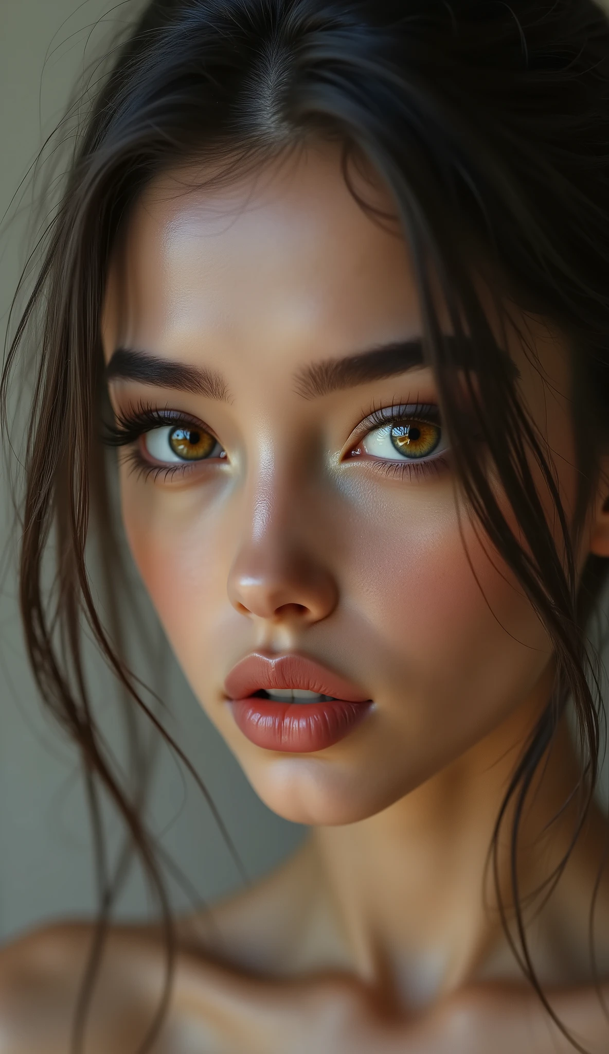 Ultra-realistic (photorealistic Realism) , "ultra-detailed, UHD, Hyper high resolution" - "(Hyper quality, intricately ultra-detailed digital art)" (Key Directive: - ("The priority is the anatomical accuracy and texture of the materials" - "Ultra-sharp human eyes with biological accuracy") (ultra realistic texture details: velvety skin, hair),  (dark hair (short hair:1.29)((slicked to one side)), intricately detailed:1.3), "long Lashes: individual synthetic fibers (crosshatched roots:1 . 2 , clump-free separation)" - "(Carefully draw Long mascara:1.22)" [perfect dark eyeshadow:1.2][glossy red lipstick:1.3], professional Magic Makeup on eyes:1.3, perfect composition. Eyes (acid-resistant terminology) (macro-details:1.5): * Moist corneal surface (visible aqueous layer:1.2) * Hyper-detailed iris eyes (brown with gold flecks) * Precise limbal ring (slightly darker pigmentation:1.1) * Pupil micro-texture (irregular edge authenticity:0.9) * Vasculature in sclera (subtle red veins radiating from limbus) Technical Specs: (Optics: - "Zeiss Otus85mm f/1 . 4 lens (eye refraction calculations:1 . 3)" - "Shutter Speed:1/500 (freeze eye micro-movements)" - "Focus Stacking:7-point coverage on iris plane") Post-Processing: - "Frequency separation for skin vs eye details" - "Selective sharpening: eyes220% , hair150%" - "Denoise: luminance20 , color35 (retain corneal speculars)" (Avoid: "pupil distortion , uncanny valley asymmetry , plastic-like wetness"). (skinny body build),(perfect hot model body:1.4), (body shot to knees:1.4)、no blur sharp focus on all body, {"psychedelic background,voronoi backround"}.