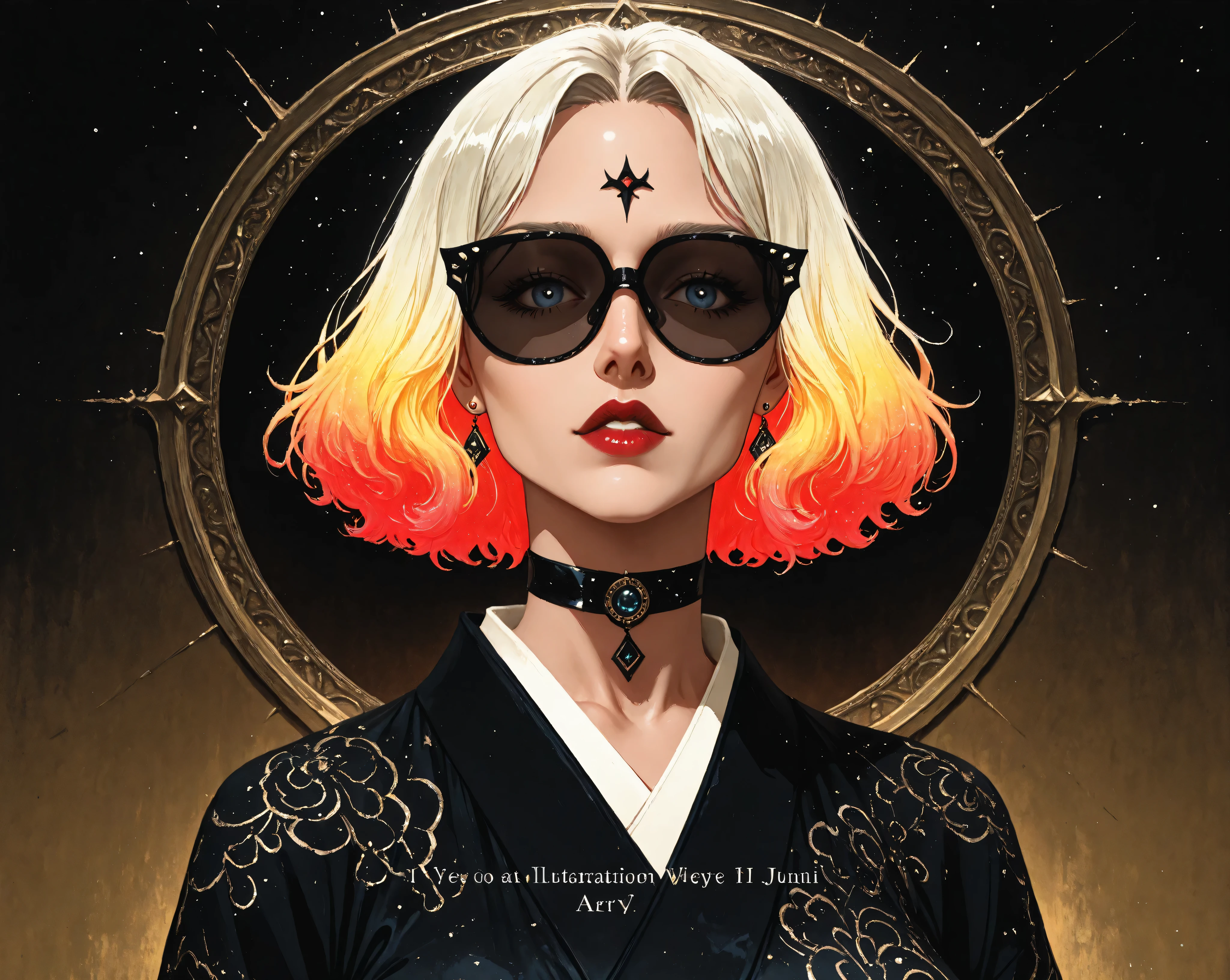 (Best Quality, sketch:1.2),Realistic,Illustrationレーター,Anime, 1 girl, Detailed lips, kimono,custom,  black and gold gradient background ,Neon Hair,Textureクロッピング, masterpiece,   style retro classic , Black Style 、Illustration、art、70s horror movie poster ,  Supervised by Junji Ito、 high detail,   Real Shadow、 analog style , chromatic aberration,  surrealism 、  complementary gradient、 Sci-fi  , Ricardo Bofill,   Retrofuturism  , Margaret Keane, 1980's Sci-Fi parody movie still  PORTRAITure photography,  Indigenous Futurist Psychedelic  :: I took a picture of  :: Naoto Hattori Jakub Rozalski のComplexスタイル, professional ominous コンセプトart,  by Artgerm and Greg Rutkowski , Complex,  elegant,  Precise Digital Paintings , コンセプトart, smooth,  sharp concentration, Illustration,  Simon Stallenhaag's Style ,  Wayne Barlow , and igor kieryluk.,デイブ・マッキーンのartワーク, A Touch of Surrealism ,Oil painting style, PORTRAIT,woman, beautiful detailed eyes,美しいDetailed lips, dreamy atmosphere ,Shadow play, Soft Writing, Playful Poses ,Minimalist Room,Dark shades,ethereal background, Fantasy Elements ,Texture,Class composition.
