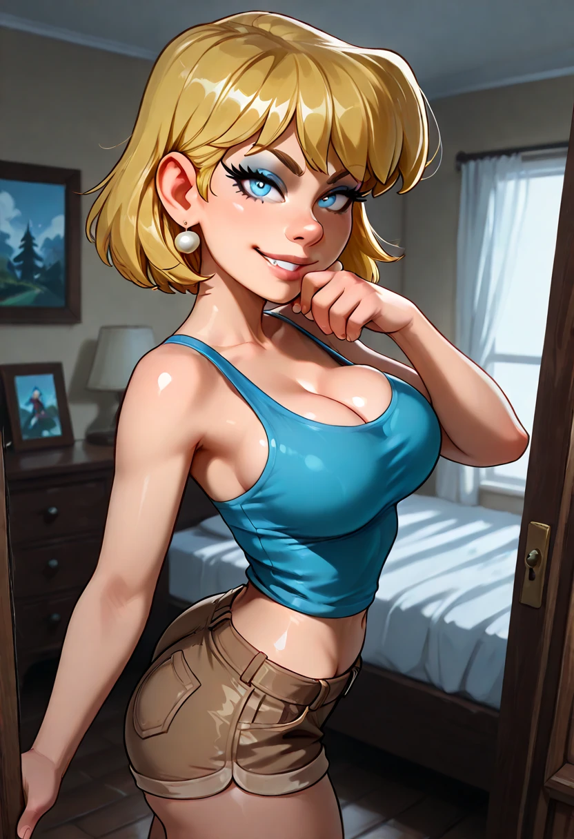 Amazing portrait of a  and cute woman with a beautiful face and an intense gaze smiling at us and blushing with her short blonde hair in a bob wearing some elegant earrings and a white full sleeve crop top showcasing her cleavage and a denim miniskirt lying on the bed with her head resting on a pillow facing us having medium  with cleavage and a perfect body