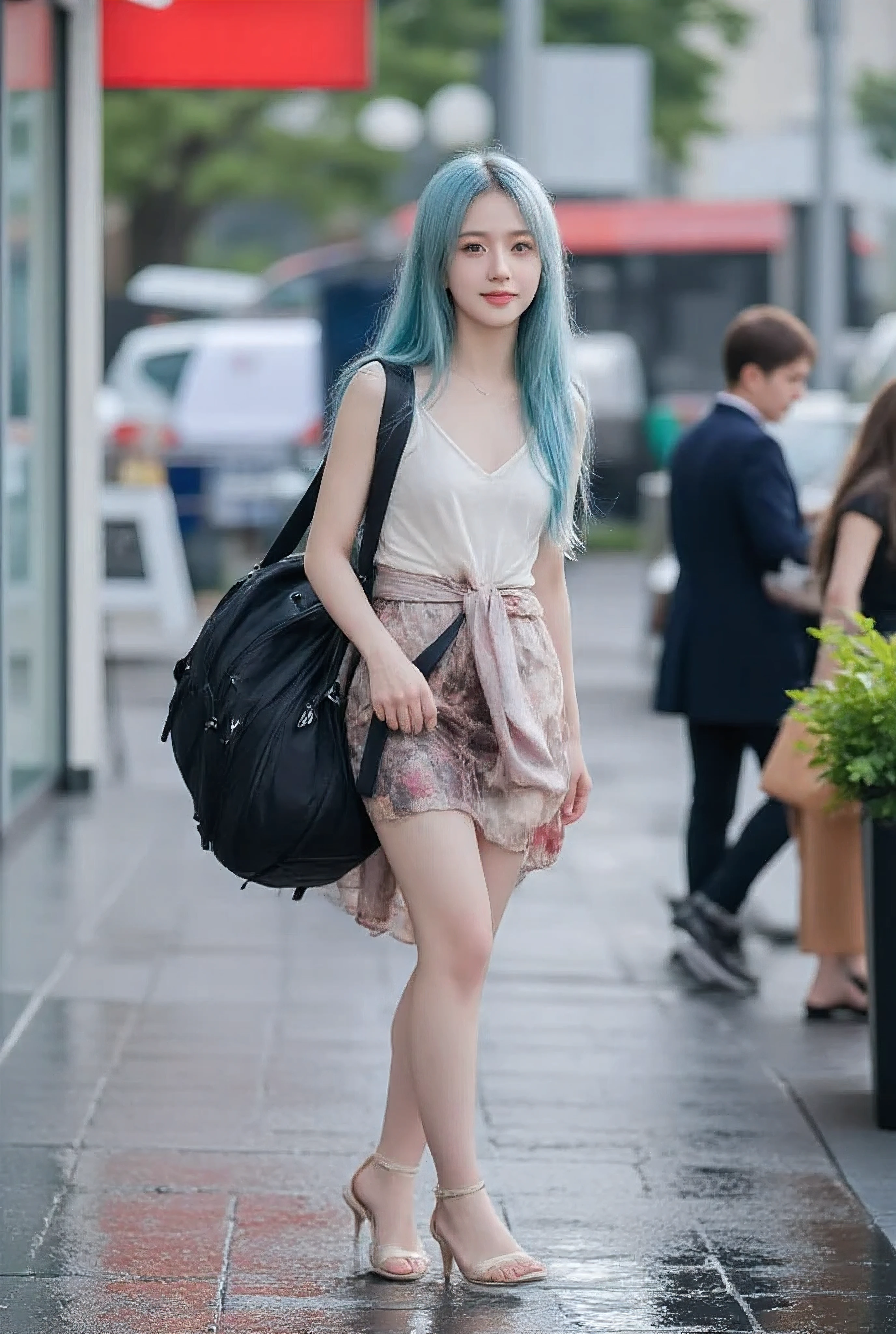 full potrait, young korean girl 1:3, walking solo travel, beautiful face, smiling, hair colour light blue, longhair, wet top, short skirt,wearing travel bagpack big from her 1.5:1, [Style: "masterpiece, realistic, photorealistic realism, ultra-detailed, UHD, hyper high resolution" - "hyper quality, intricate ultra-detail"]