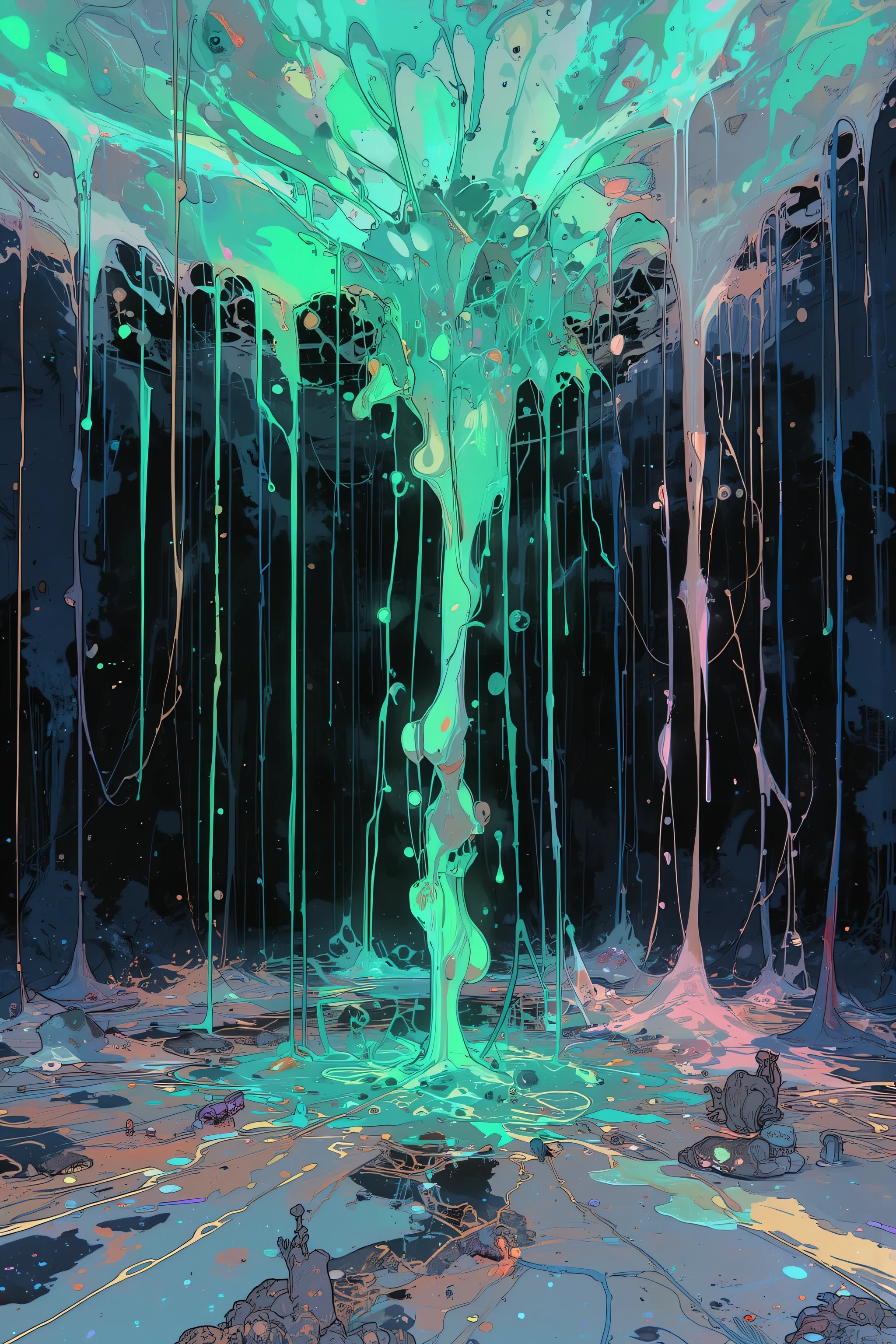 florescent paint dripping down a black background.