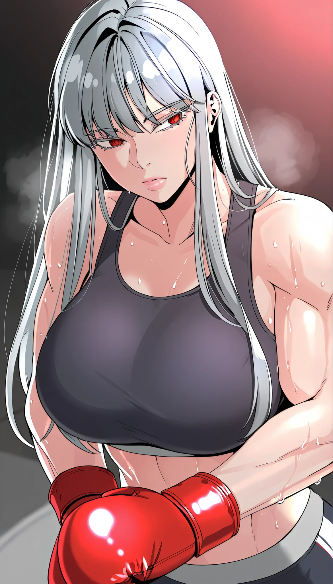 masterpiece,best quality,great quality, 1girl , solo, ihwa, long hair, red eyes, grey hair, (ringed eyes:0.8), sidelocks, colored eyelashes, pink lips,muscle, sweating, large , mature female, Musluna, sports bra, boxing gloves