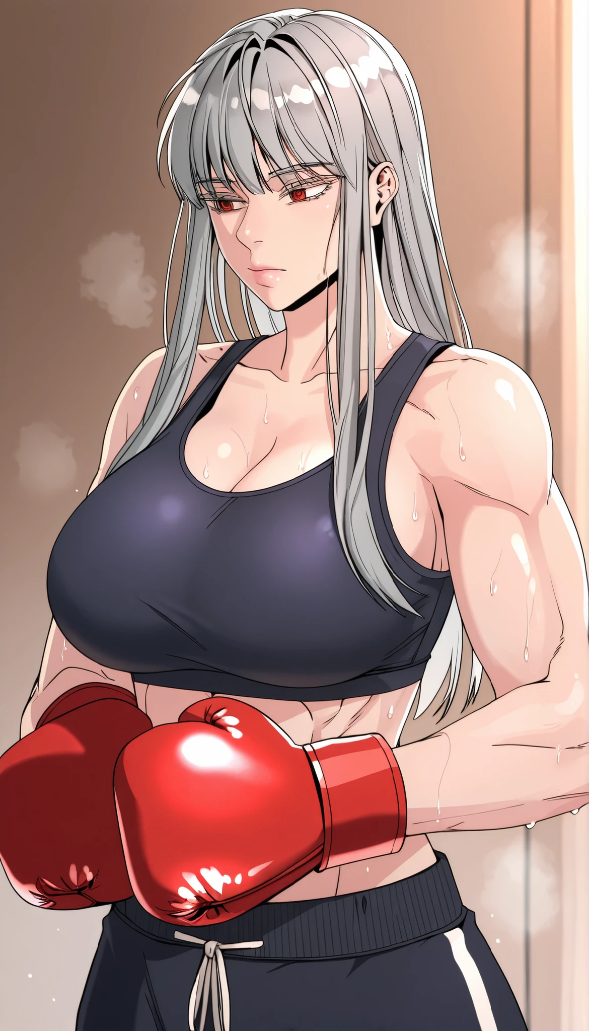 masterpiece,best quality,great quality, 1girl , solo, ihwa, long hair, red eyes, grey hair, (ringed eyes:0.8), sidelocks, colored eyelashes, pink lips,muscle, sweating, large , mature female, Musluna, sports bra, boxing gloves