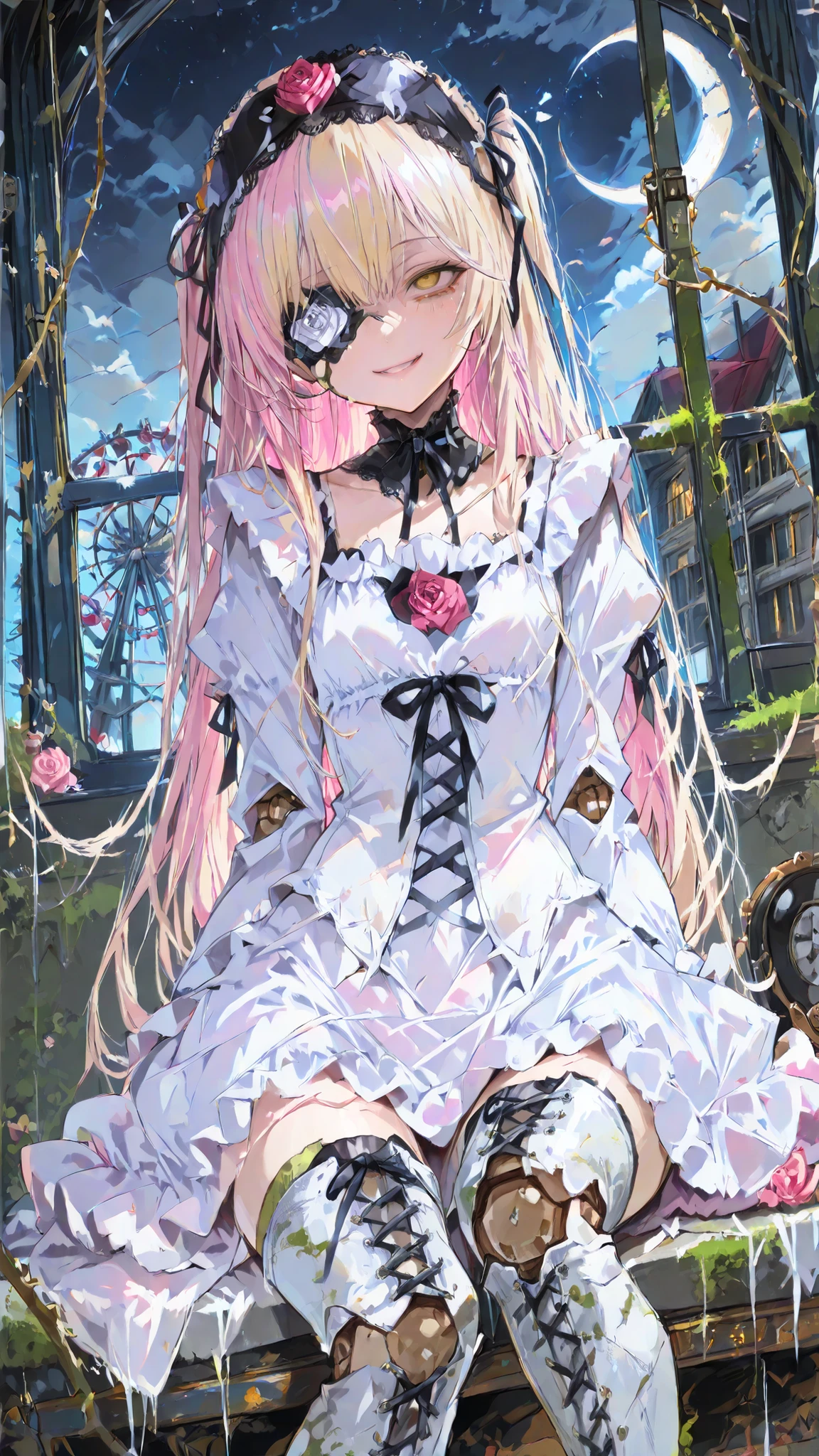 kirakishou \(rozen maiden\) a girl with long, wavy peach blonde and flowers in her hair, wears a white ornately ruffled dress. On her head are two small roses tied to her hair, and she wears tall white boots. facing the viewer with her yellow eyes looking directly at the viewer. appearing to be between 10-12 years old.she is wearing a white dress with a ruffled collar. Dancing Doll with Colossal Breasts, Face of a Beautiful Teenage Girl, and delicate strings plays alone in a sunken, eerie and decayed rides covered in rust and vines, shattered Ferris wheel in the distance, Ferris Wheel Broken in the Background. 1girl, solo,unrivaled beauty, dreamy amusement park, Forgotten amusement park, tattered body, Broken Pottery Skin, creepy smile, Light Leaking Through Hollow Eyes, Broken Joints, petite build, flat chest, slim body, slim hips, little insane, evil smile, wide lens, doll joints, cute girl, Despair, pink hair, flower over eye, yellow eye, empty eyes, abandoned, abandoned place, amputated arm, indoor, outstreched leg, thigh boots, lace-up boots , window, shadow, grimdark,(moss:1.33), night sky, cloudy sky, crescent moon, dress,sitting,on knee,deep light, frilled dress, rose, thorns, horror, frilled choker, frills, whole body, dramatic angle, Dynamic Poses, clothing texture, detailed eyes, beautiful face, beautiful girl, beautiful body, beautiful hair, Masterpiece, very aesthetic, perfect composition, ((detailed eyes)), (highly detailed), ((Best quality :1.2)),((Detailed :1.5)),((Detailed background :1.5)). (HD eyes:1.4), ((4k,8k,Ultra HD)), {perfect body},(highly detailed),