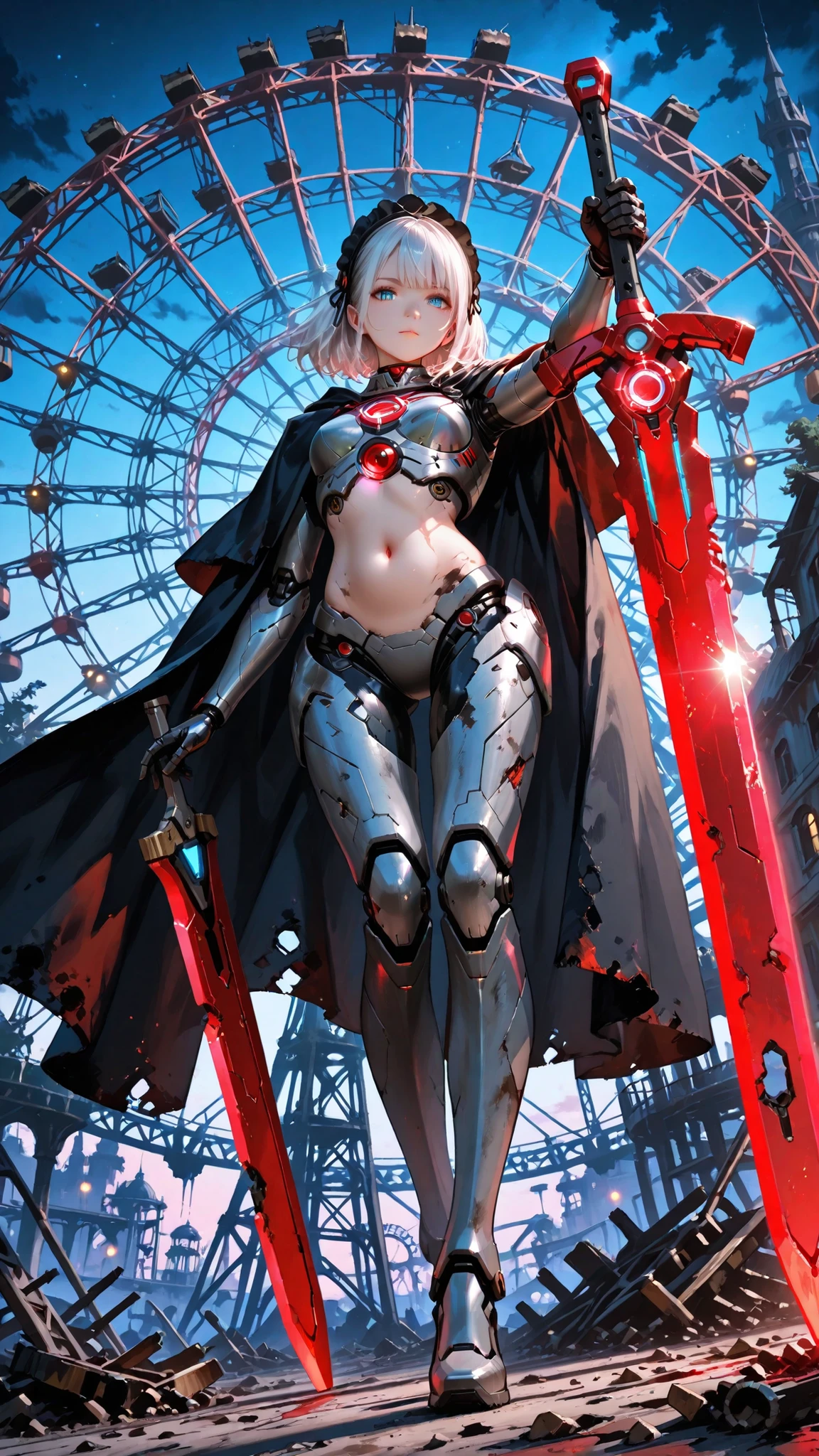 dutch angle, tattered broken dirty android, robot, cyborg, 1girl with glowing holy sword, headdress, black cape, Futuristic robot, beautiful cyborg girl, white hair, blue eyes, (((My tummy is exposed))), glowing red Arc Reactor, texture background, looking at viewer, dynamic pose, in abandoned amusement park, broken ferris wheel, broken roller coaster, at night, neon, fullbody shot, from below