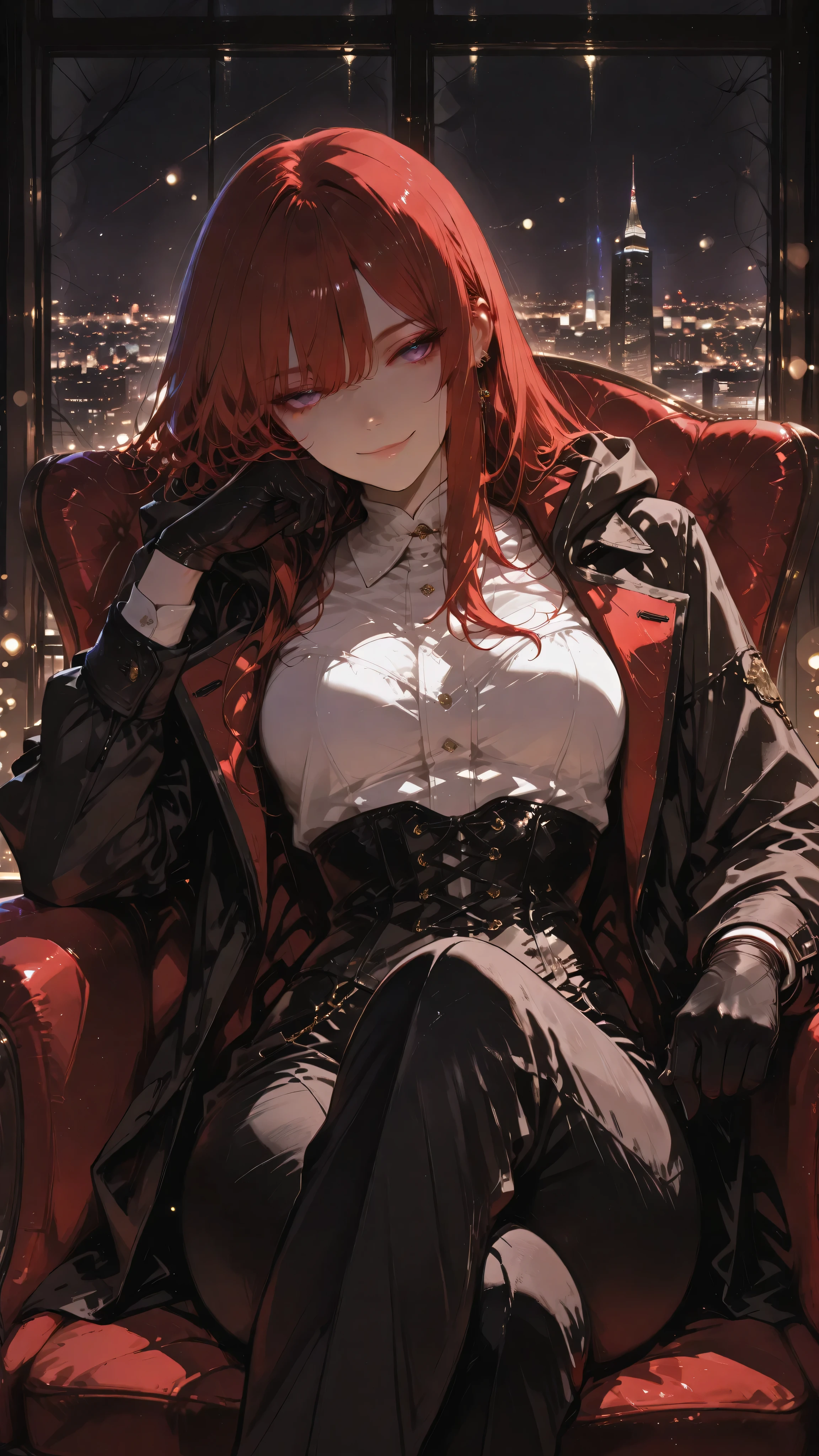 Anime girl character, long straight hair, red hair, purple eyes, Kamidere expression, hooded gaze with piercing intensity, confident smile with arrogant serenity, toned body. Wearing a dark red trench coat, white top, black corset, gold finish, tailored pants, black gloves. Sitting with legs crossed, elegant armchair, leaning back, one hand supporting the face with a closed fist, luxury penthouse, large window, city skyline at night. Anime illustration, close-up, dynamic angle, dramatic perspective, masterpiece, ultra-detailed, dynamic volumetric lighting, bokeh background, cinematic atmosphere, ultra-sharp focus, soft shadows, realistic shading, realistic anime skin texture, realistic anime fabric folds, dark ethereal style, haunting ethereal atmosphere.