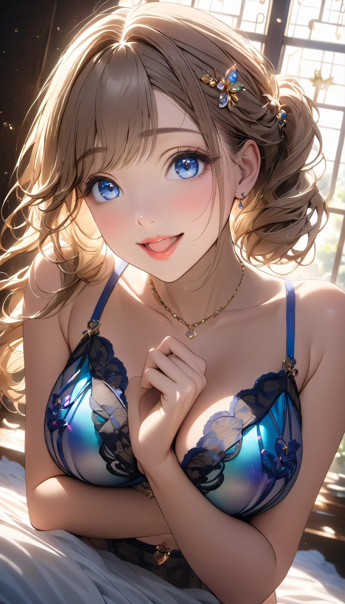 nsfw,(big boobs:1.9). side ponytail hair . hollow eyes, saliva, please open your mouth 、 focus on lower body 、 Gradient light pastel brown transparent hair、(straddling above the view from directly below:1.7) , A woman with a gentle expression , soft pink and beige shades, natural lightが顔に優しい影を作る、 accentuates bust 、 Look up 、( Heart Eyes:1.5)、( cat :1.8)、( sheer holographic blue lingerie:1.4)、(Embroidered、 depicts very delicate lingerie:1.2) 、 Heart Hair Accessory 、 delicate depiction of big eyes 、 shiny hair、( Top Quality Masterpiece :1.4), ( young woman with her hands crotched , Age 19, Alone, shiny skin、 Cool smile , please open your mouth , Perfect Eyes:1.1), ( aim carefully with a fearless expression , super detailed beautiful thick shiny lips , Sheer Embroidered Lingerie 、((( big boobs :1.8))), Particles of Light, high resolution, Shining, Bloom, textured skin , Barefoot, natural light, (mature), Eyes are transparent , Back posture