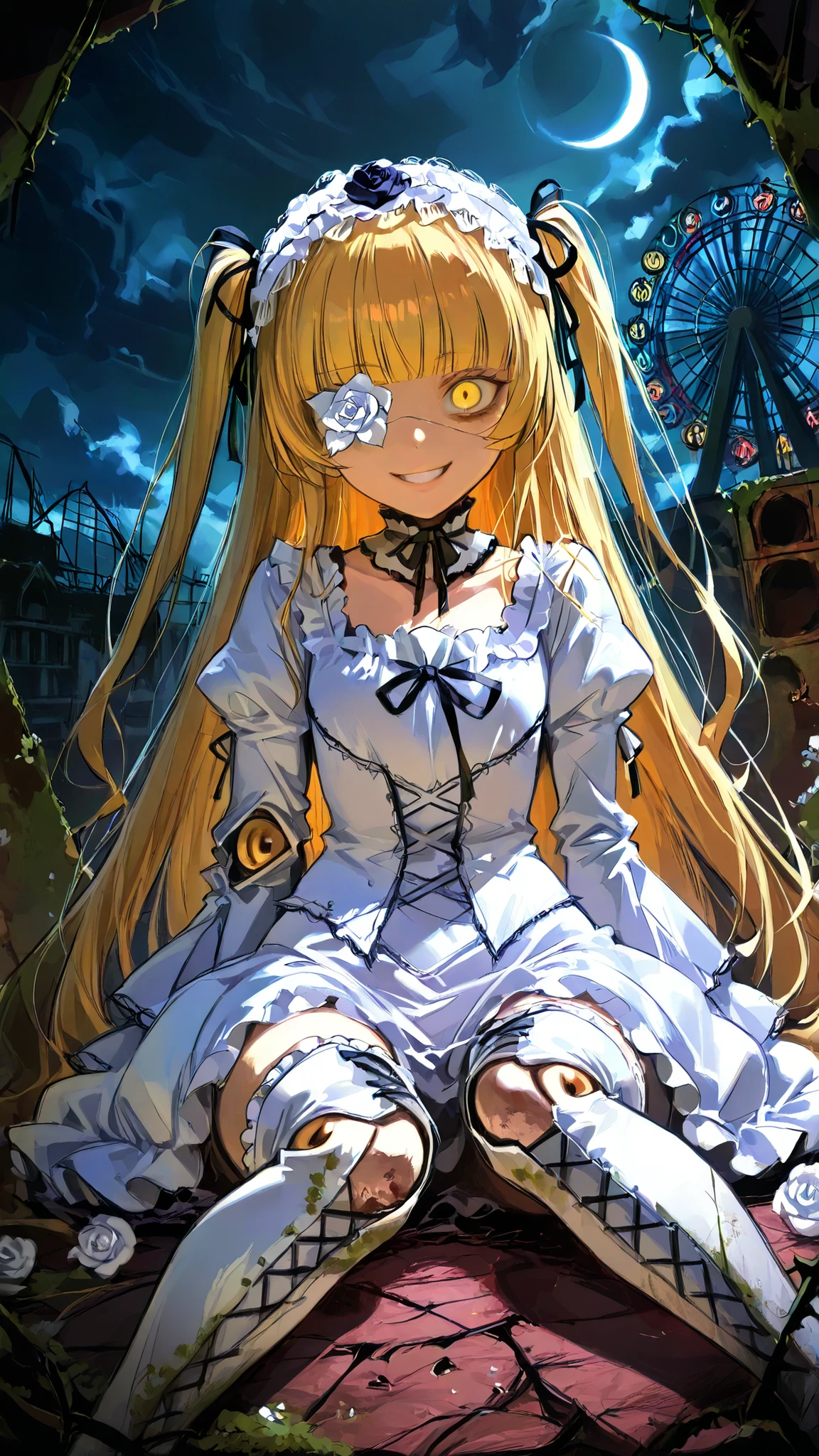 kirakishou \(rozen maiden\) a girl with long, wavy peach blonde and flowers in her hair, wears a white ornately ruffled dress. On her head are two small roses tied to her hair, and she wears tall white boots. facing the viewer with her yellow eyes looking directly at the viewer. She has a white flower covering one eye, resembling an eyepatch, appearing to be between 10-12 years old.she is wearing a white dress with a ruffled collar. styled in a two-side-up fashion with frilled accessories. She wears a white lolita-style dress with puffy sleeves, Face of a Beautiful Teenage Girl, and delicate strings plays alone in a sunken, eerie and decayed rides covered in rust and vines, shattered Ferris wheel in the distance, Ferris Wheel Broken in the Background. 1girl, solo,unrivaled beauty, two side up, very long hair, blunt bangs, choker, dreamy amusement park, Forgotten amusement park, tattered body, Broken Pottery Skin, creepy smile, Light Leaking Through Hollow Eyes, Broken Joints, petite build, flat chest, slim body, slim hips, little insane, evil smile, wide lens, doll joints, cute girl, Despair, flower over eye, yellow eye, empty eyes, constricted pupils, slit pupils, grin, abandoned, abandoned place, amputated arm, indoor, outstreched leg, thigh boots, lace-up boots, shadow, grimdark,(moss:1.33), night sky, cloudy sky, crescent moon, dress,sitting,on knee,deep light, frilled dress, rose, thorns, horror, frilled choker, frills, whole body, dramatic angle, Dynamic Poses, clothing texture, detailed eyes, beautiful face, beautiful girl, beautiful body, beautiful hair, Masterpiece, very aesthetic, perfect composition, ((detailed eyes)), (highly detailed), ((Best quality :1.2)),((Detailed :1.5)),((Detailed background :1.5)). (HD eyes:1.4), ((4k,8k,Ultra HD)), {perfect body},(highly detailed),