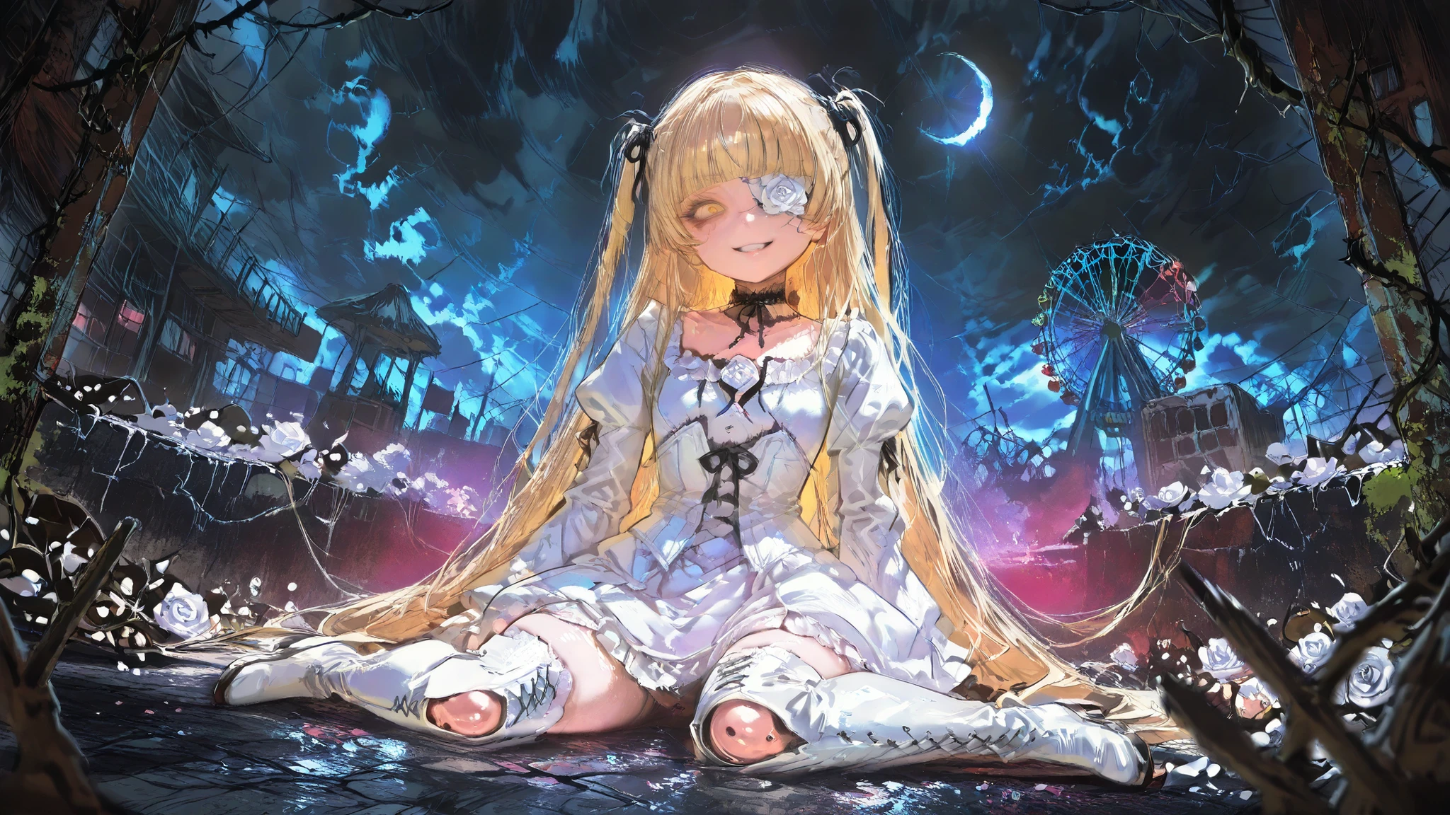 kirakishou \(rozen maiden\) a girl with long, wavy peach blonde and flowers in her hair, wears a white ornately ruffled dress. On her head are two small roses tied to her hair, and she wears tall white boots. facing the viewer with her yellow eyes looking directly at the viewer.  She has a white flower covering one eye, resembling an eyepatch, appearing to be between 10-12 years old.she  is wearing a white dress with a ruffled collar. styled in a two-side-up fashion with frilled accessories. She wears a white lolita-style dress with puffy sleeves, Face of a Beautiful Teenage Girl,  and delicate strings plays alone in a sunken, eerie and decayed rides covered in rust and vines, shattered Ferris wheel in the distance, Ferris Wheel Broken in the Background. 1girl, solo,unrivaled beauty, two side up, very long hair, blunt bangs, choker, dreamy amusement park, Forgotten amusement park,  tattered body, Broken Pottery Skin, creepy smile, Light Leaking Through Hollow Eyes, Broken Joints,  petite build, flat chest, slim body, slim hips, little insane, evil smile, wide lens, doll joints, cute girl, Despair,  flower over eye, yellow eye, empty eyes, constricted pupils, slit pupils, grin, abandoned, abandoned place, amputated arm, indoor, outstreched leg, thigh boots, lace-up boots, shadow, grimdark,(moss:1.33), night sky, cloudy sky, crescent moon, dress,sitting,on knee,deep light, frilled dress, rose, thorns, horror, frilled choker, frills,  whole body, dramatic angle, Dynamic Poses, clothing texture, detailed eyes, beautiful face, beautiful girl, beautiful body, beautiful hair, Masterpiece, very aesthetic, perfect composition, ((detailed eyes)), (highly detailed), ((Best quality :1.2)),((Detailed :1.5)),((Detailed background :1.5)). (HD eyes:1.4), ((4k,8k,Ultra HD)), {perfect body},(highly detailed), 