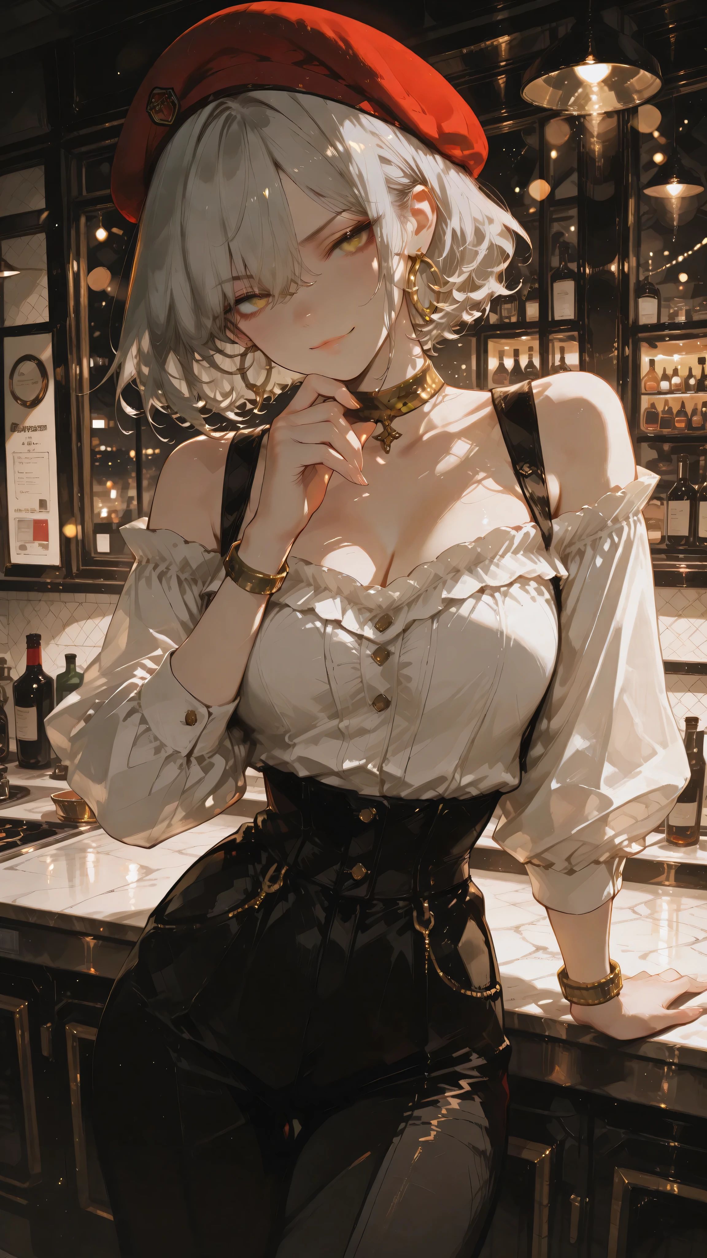 Anime girl character, short curly hair, light gray hair, dark yellow eyes, Himedere expression, haughty look with slightly raised eyebrow, proud mouth with a slight smile of disdain, toned body. Wearing a white puffy, off-the-shoulder, long-sleeved blouse, black high-waisted pant, gold hoop earrings, gold bracelet, golden choker, dark red beret. Standing, leaning against the counter, one hand supporting the chin, luxurious fashion club, night. Anime illustration, close-up, dynamic angle, dramatic perspective, masterpiece, ultra-detailed, dynamic volumetric lighting, bokeh background, cinematic atmosphere, ultra-sharp focus, soft shadows, realistic shading, realistic anime skin texture, realistic anime fabric folds, elegant ethereal style, ethereal atmosphere.