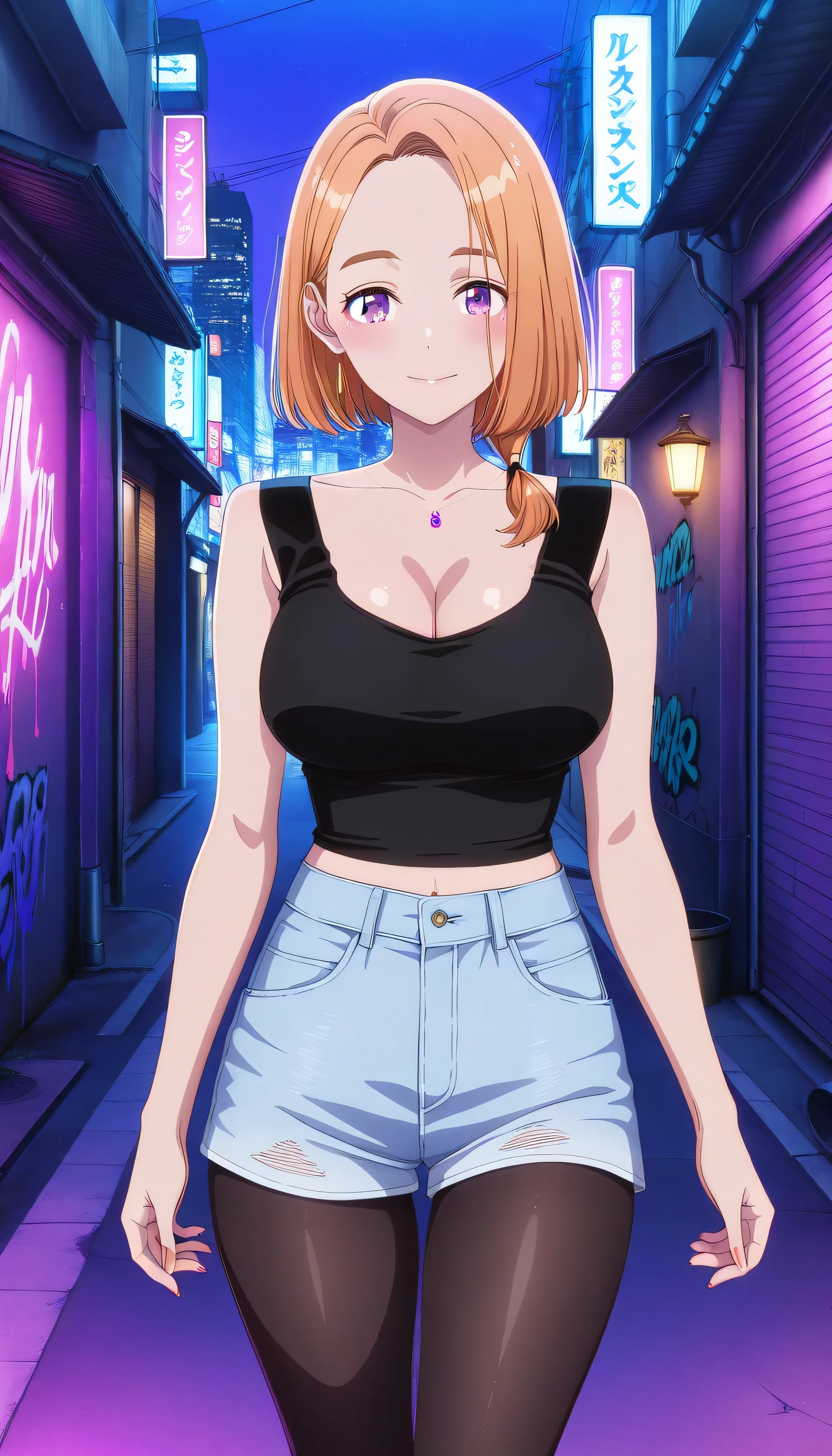 masterpiece 4k, best quality, girl, beautiful face, clean skin, shiny hair, shiny skin, beautiful face, perfect eyes, high quality shine, best quality, very aesthetic 4k, absurd, perfect body quality, beautiful curves, perfect, perfect genitals, beautiful ambient light, beautiful aesthetics, very realistic scenery, high quality 4k, masterpiece,best quality,absurdres,newest,highres, official art, 1girl banri shiunji, medium hair, purple eyes, orange hair, hair over shoulder, mature female, large breasts, cleavage, short denim shorts, tights, black tights, black crop top, in Tokyo city in an alley with a lot of dark graffiti, realistic shadow of luiz beautiful realistic scenery, in Tokyo city in an alley with a lot of dark graffiti, realistic shadow of luiz beautiful realistic scenery, red face of shame guys with a very large blush on their face, beautiful aesthetics with purple light, at night, beautiful aesthetics with light purple, very beautiful aesthetic lighting, lighting with a lot of realism on the body, beautiful scenery with a lot of details, in a beautiful masterpiece, best quality, extremely detailed face, perfect lighting, posing to take a photo, sexy pose with naughty look at the viewer