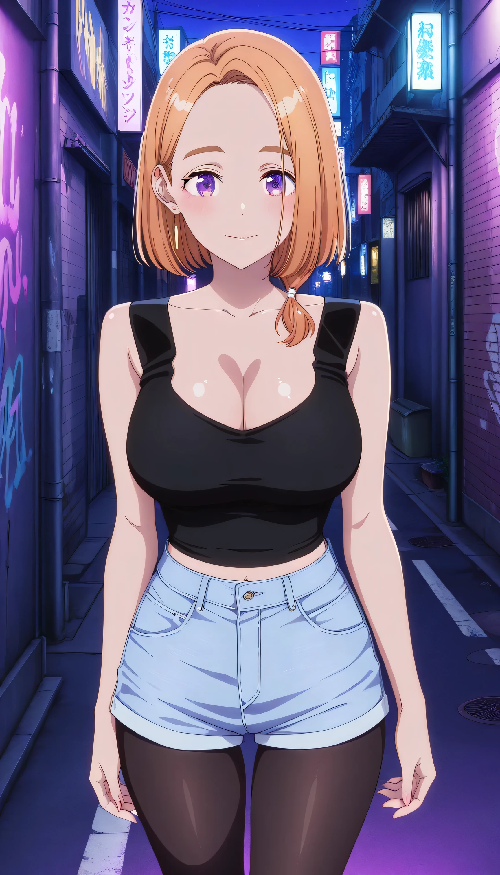 masterpiece 4k, best quality, girl, beautiful face, clean skin, shiny hair, shiny skin, beautiful face, perfect eyes, high quality shine, best quality, very aesthetic 4k, absurd, perfect body quality, beautiful curves, perfect, perfect genitals, beautiful ambient light, beautiful aesthetics, very realistic scenery, high quality 4k, masterpiece,best quality,absurdres,newest,highres, official art, 1girl banri shiunji, medium hair, purple eyes, orange hair, hair over shoulder, mature female, large breasts, cleavage, short denim shorts, tights, black tights, black crop top, in Tokyo city in an alley with a lot of dark graffiti, realistic shadow of luiz beautiful realistic scenery, in Tokyo city in an alley with a lot of dark graffiti, realistic shadow of luiz beautiful realistic scenery, red face of shame guys with a very large blush on their face, beautiful aesthetics with purple light, at night, beautiful aesthetics with light purple, very beautiful aesthetic lighting, lighting with a lot of realism on the body, beautiful scenery with a lot of details, in a beautiful masterpiece, best quality, extremely detailed face, perfect lighting, posing to take a photo, sexy pose with naughty look at the viewer