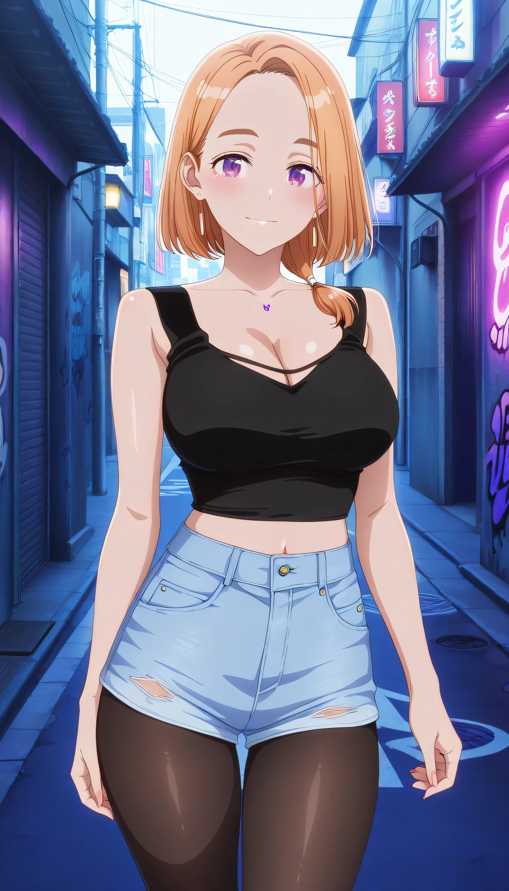 masterpiece 4k, best quality, girl, beautiful face, clean skin, shiny hair, shiny skin, beautiful face, perfect eyes, high quality shine, best quality, very aesthetic 4k, absurd, perfect body quality, beautiful curves, perfect, perfect genitals, beautiful ambient light, beautiful aesthetics, very realistic scenery, high quality 4k, masterpiece,best quality,absurdres,newest,highres, official art, 1girl banri shiunji, medium hair, purple eyes, orange hair, hair over shoulder, mature female, large breasts, cleavage, short denim shorts, tights, black tights, black crop top, in Tokyo city in an alley with a lot of dark graffiti, realistic shadow of luiz beautiful realistic scenery, in Tokyo city in an alley with a lot of dark graffiti, realistic shadow of luiz beautiful realistic scenery, red face of shame guys with a very large blush on their face, beautiful aesthetics with purple light, at night, beautiful aesthetics with light purple, very beautiful aesthetic lighting, lighting with a lot of realism on the body, beautiful scenery with a lot of details, in a beautiful masterpiece, best quality, extremely detailed face, perfect lighting, posing to take a photo, sexy pose with naughty look at the viewer