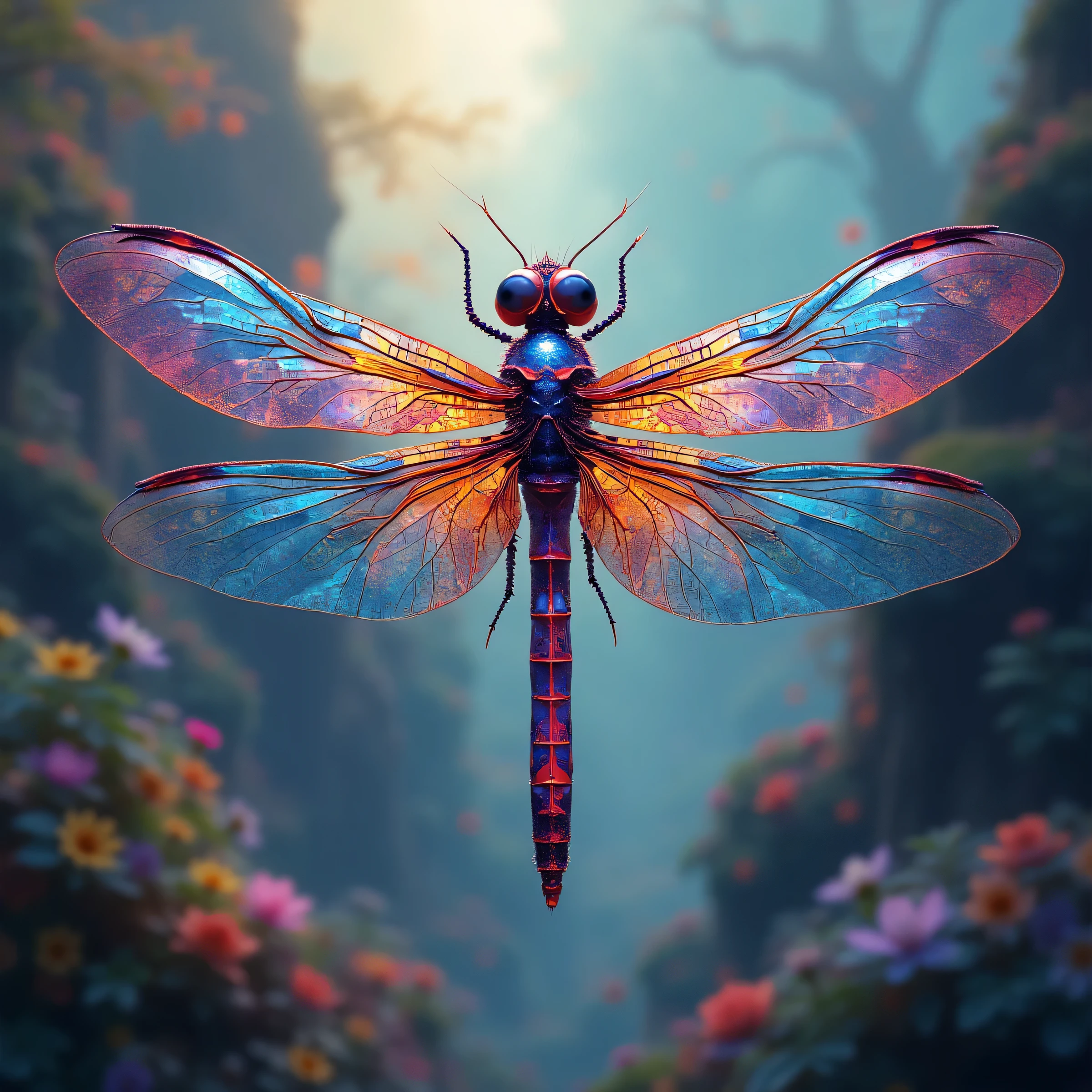 a multicolored dragonfly, made up of small triangles.