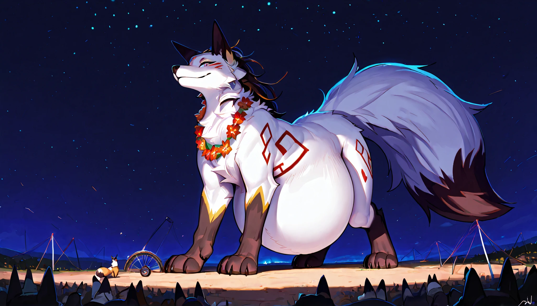 4k ultra quality, 4k full body view,(ultra high detailed body),((feral)) fox,by mystikfox61, by glitter trap boy,feral paws, by bebebebebe,by morethreedee, by seibear,sharp nails,((sfw)),(ultra detailed face),detailed eyes,big tail,fluffy tail,(detailed tail),enomorous tail,bigger tail,huge tail,volumetric light,fluffy paws,(feral focus), beast,(bigger lower body),(thick legs),master works, super fine, 4k resolution, high quality,high picture detail,illusory engine, Masterpiece,dire fox,faint lighting,(white fur),( fox),white belly fur,enomorous belly, huge belly, (hyper belly),(macro),(giga),(abdomen touch ground), crowds,wearing flower necklace,(feral mount:1.3),((smaller head)),((enomorous body)),(thick paws)