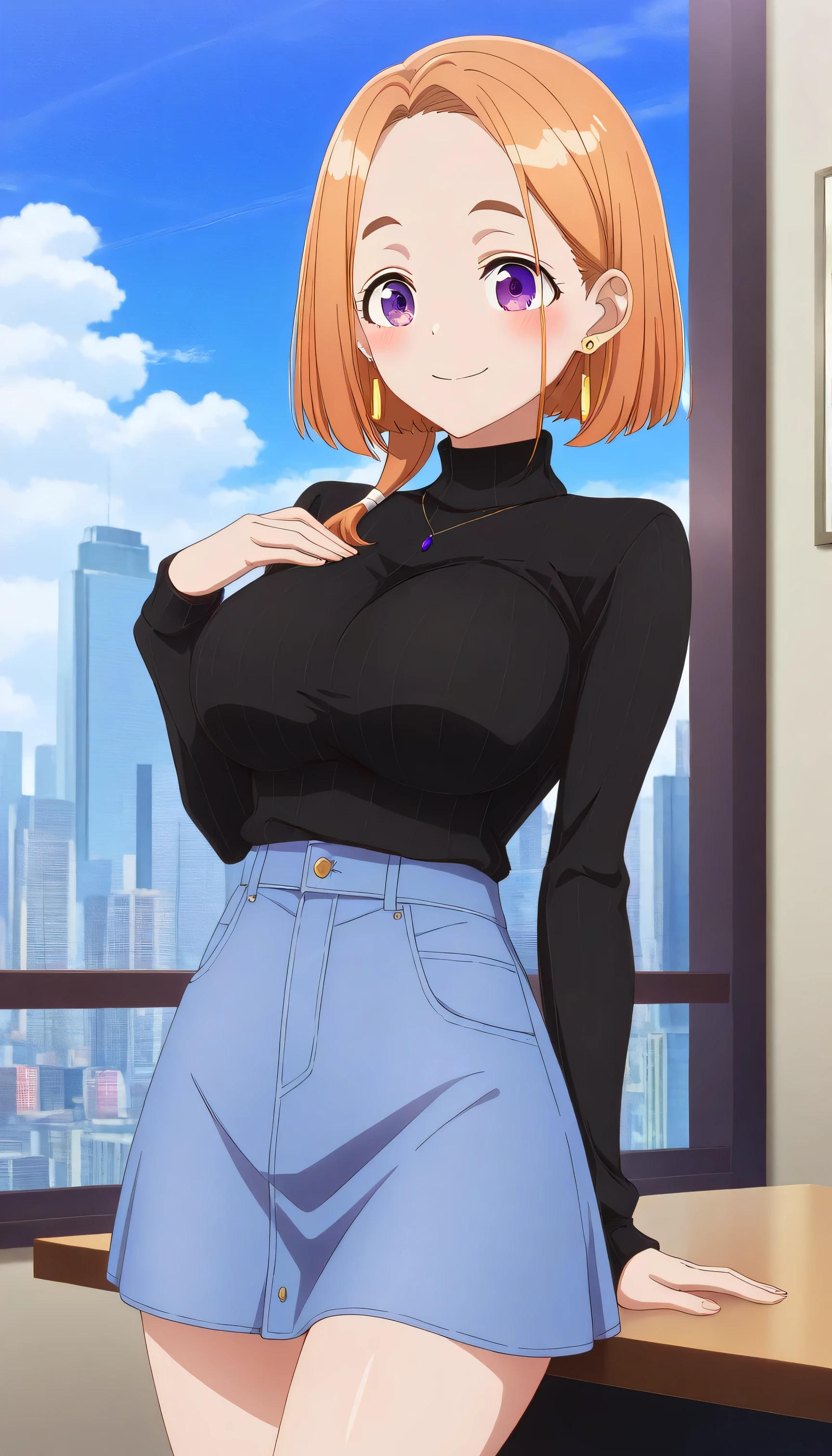 A girl,(The Shiunji family ren),Banri Shiunji,orange bob cut her hair,forehead,purple eyes,big breasts,earrings,sexy, pretty,smile,black sweater, denim miniskirt ,city,breast support,score_9,score_8_up,score_7_up,Extremely detailed,tournament,official art,professional lighting,masterpiece,high quality,great quality, very beautiful, absurd,latest,perfect hands,masterpiece,mejor calidad,4k,