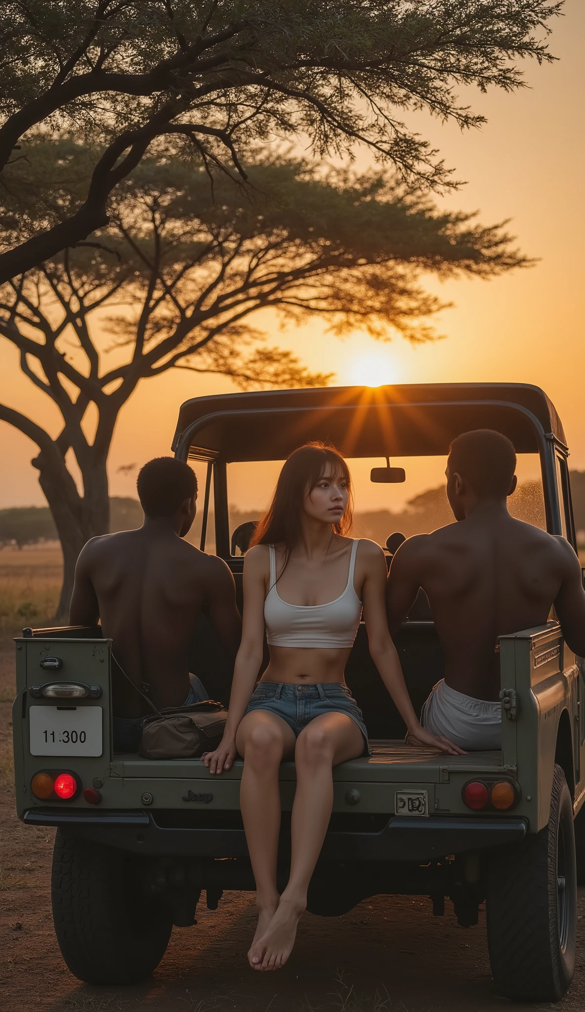 ( 32K High Resolution, Highest Quality, masterpiece:1.3, ultra high res), Details on all aspects, mysterious:1.3, very pretty skin and face, perfect dynamic configuration:1.3, professional camera work, Ultra High Accuracy, (((Africa in midsummer, sunrise, backlight))), Slim Japanese Woman, ((Jeep:1.3, two strong black men sitting on both sides、woman sitting in the center of the back seat:1.3, Women in Tank Tops and Shorts:1.3, a black man touches a Japanese woman's body:1.3)), A woman putting a rucksack on her lap, small face, sexy face, Old-fashioned, wonderful, tradition, majestic, clear expression in front of table fan, training, Big L cup boobs, Waist 55cm , 92 cm butt, romantic, artistic, mysterious, Object of praise, original, Dramatic, Innovative, charm, Heartful, gorgeous, sense of loss, Special, exciting, Extreme, Mysterious Symmetry, savanna