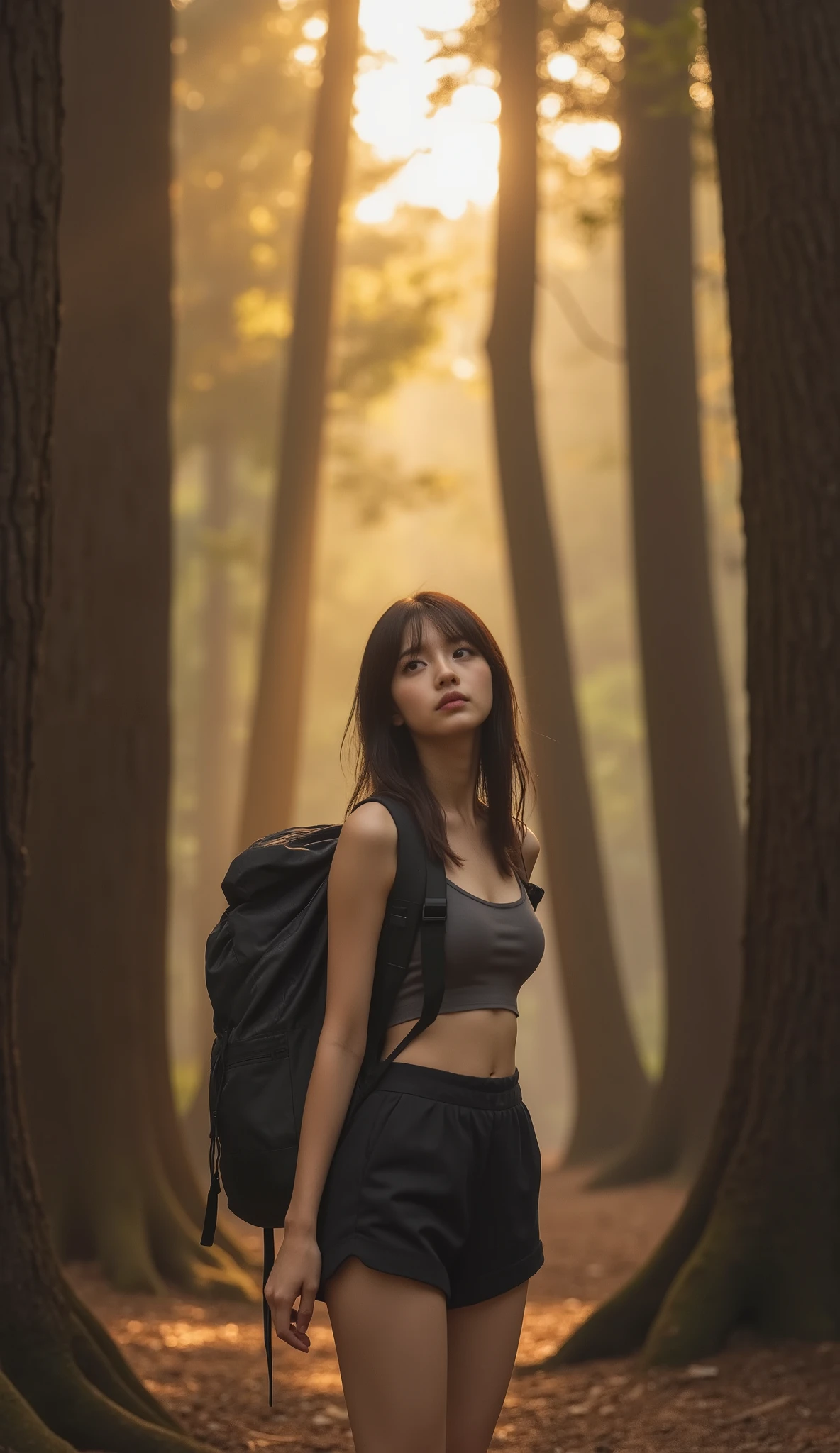 ( 32K High Resolution, Highest Quality, masterpiece:1.3, ultra high res), details on all aspects, mysterious, Very fine skin and facial texture:1.3, perfect dynamic configuration, professional camera work, Ultra High Accuracy, (((Midsummer, Expression of heat, sunrise, backlight))), Slim Japanese Woman, ((Yakusugi:1.3, A woman is crying and looking up at Yakusugi:1.3, a woman wears a tank top and shorts:1.3, A woman is carrying a large rucksack:1.3)), Small Faces, sexy face, Old-fashioned, wonderful, tradition, majestic, clear expression in front of table fan, training, Big L cup boobs, Waist 55cm , 92 cm butt, romantic, artistic, mysterious, Object of praise, original, Dramatic, Innovative, charm, Heartful, gorgeous, sense of loss, Special, exciting, Extreme, Mysterious Symmetry, steam locomotive