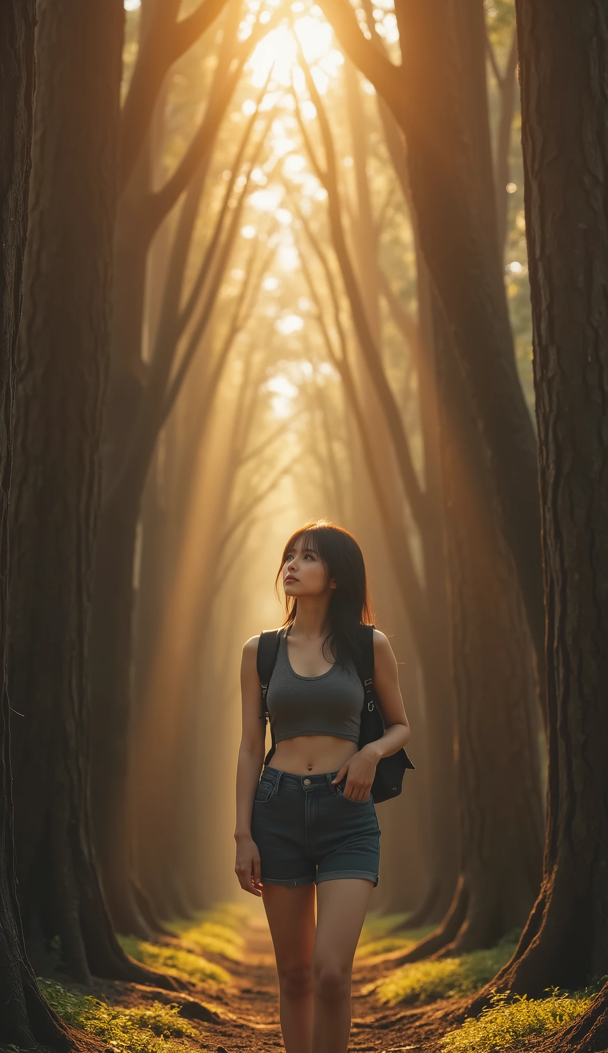 ( 32K High Resolution, Highest Quality, masterpiece:1.3, ultra high res), details on all aspects, mysterious, Very fine skin and facial texture:1.3, perfect dynamic configuration, professional camera work, Ultra High Accuracy, (((Midsummer, Expression of heat, sunrise, backlight))), Slim Japanese Woman, ((Yakusugi:1.3, A woman is crying and looking up at Yakusugi:1.3, a woman wears a tank top and shorts:1.3, A woman is carrying a large rucksack:1.3)), Small Faces, sexy face, Old-fashioned, wonderful, tradition, majestic, clear expression in front of table fan, training, Big L cup boobs, Waist 55cm , 92 cm butt, romantic, artistic, mysterious, Object of praise, original, Dramatic, Innovative, charm, Heartful, gorgeous, sense of loss, Special, exciting, Extreme, Mysterious Symmetry, steam locomotive