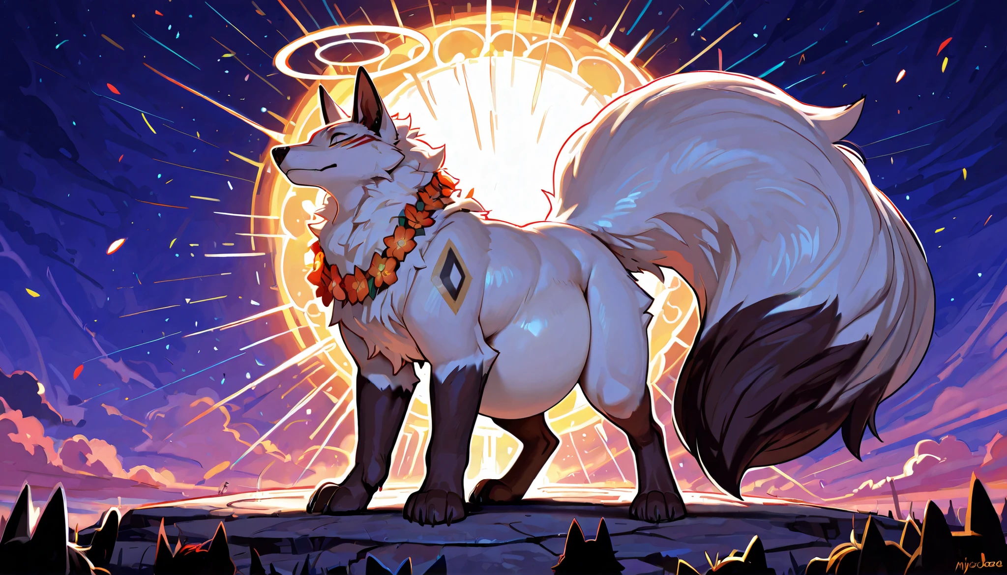 4k ultra quality, 4k full body view,(ultra high detailed body),((feral)) wolf,by mystikfox61, by glitter trap boy,feral paws, by bebebebebe,by morethreedee, by seibear,sharp nails,((sfw)),(ultra detailed face),detailed eyes,big tail,fluffy tail,(detailed tail),enomorous tail,bigger tail,huge tail,volumetric light,fluffy paws,(feral focus), beast,(bigger lower body),(thick legs),master works, super fine, 4k resolution, high quality,high picture detail,illusory engine, Masterpiece,dire fox,faint lighting,(white) fur),( fox),white belly fur,enomorous belly, huge belly, (hyper belly),(macro),(giga),among sakura, crowds,wearing flower necklace,(feral mount:1.3),((smaller head)),((enomorous body)),(thick paws),(halo)