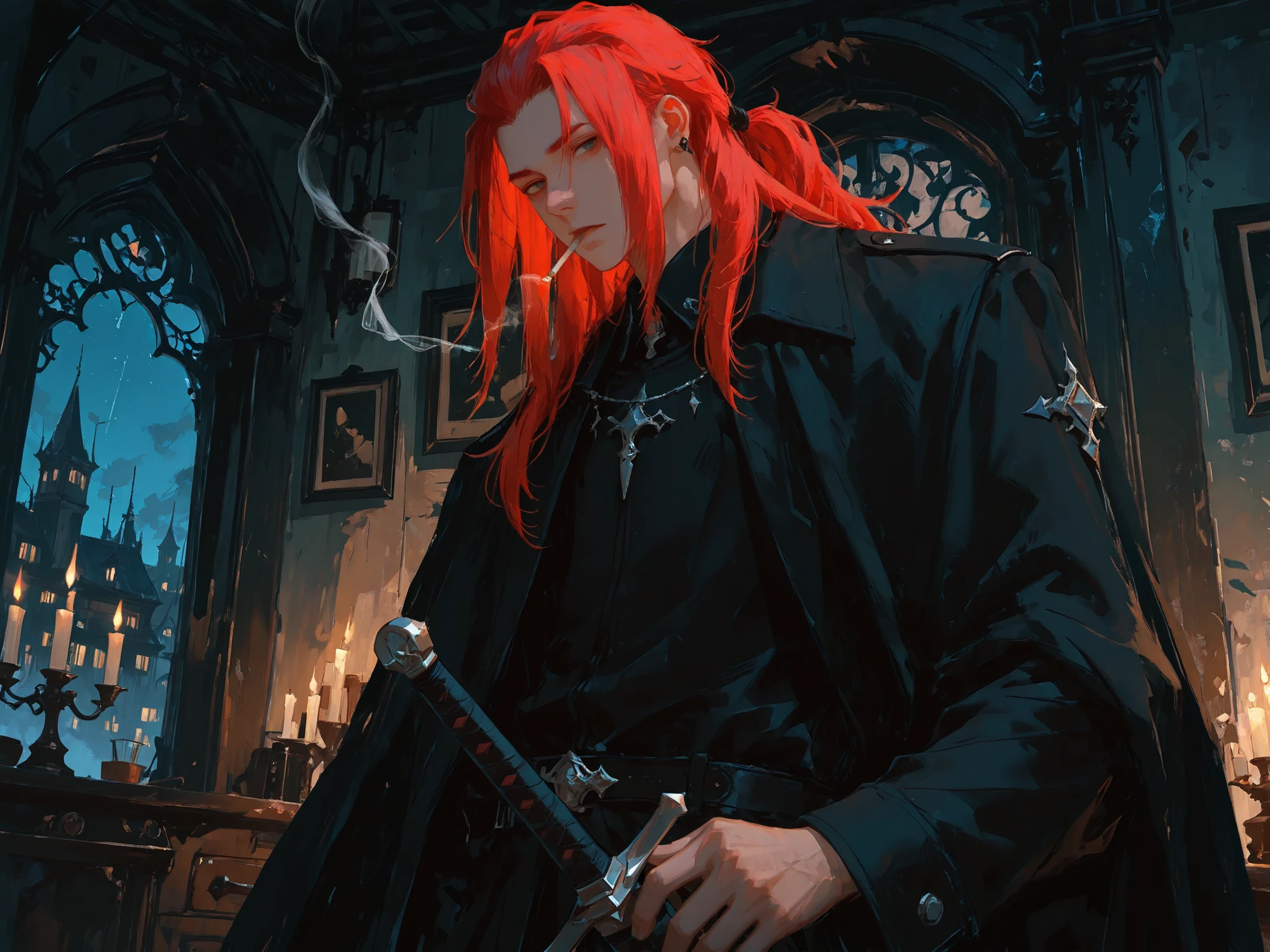 upper shot, dutch angle, looking at viewer, makes an aesthetic, Master piece, Best Quality, ultra detailed, a handsome man, (man:1.5), solo, male long Hair, red hair, male slicked back hair, male low pony-tail, looking down, toned, fantasy-style black clothing with a mao collar, luxury black mantle, smoking, military office with onle 1 fireplace in background, beautiful sword on the wall, detailed background, night, fantasy world,