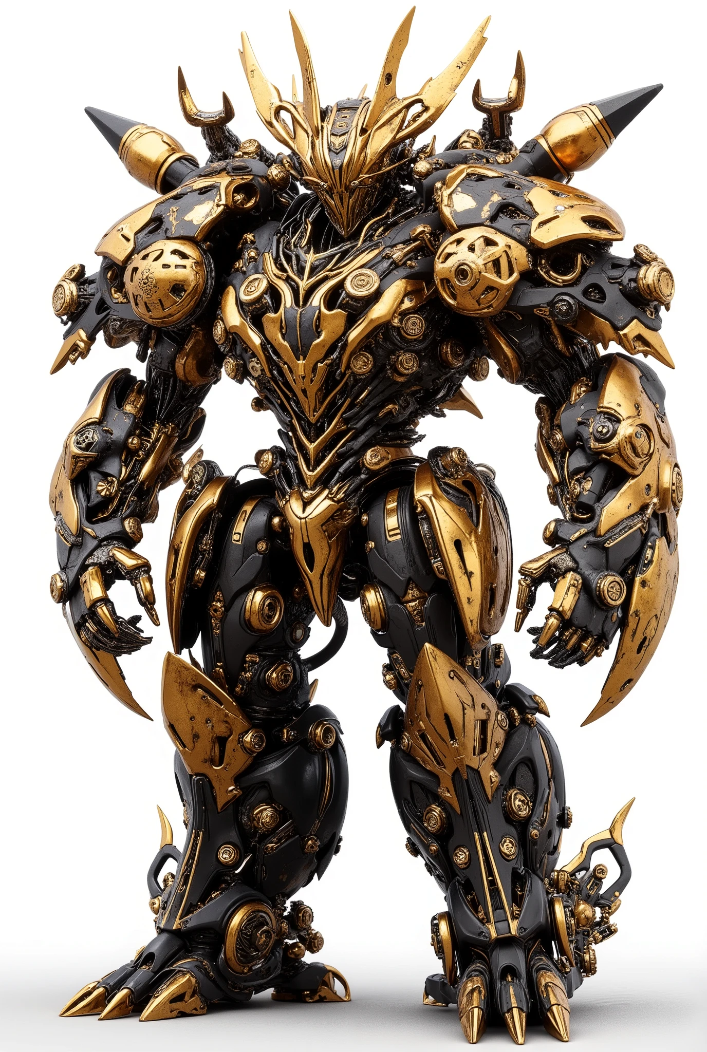 AICyber_Machine,MechaII style,JA,((masterpiece)),((best quality)),((high detail)),((realistic)),
full-body view of a futuristic lion robot, mechanical armor and tools, gold body, mechanical arms with wrenches and gears, metallic textures, standing, white background, cinematic lighting, highly detailed, photorealistic, Worn and old, rust

