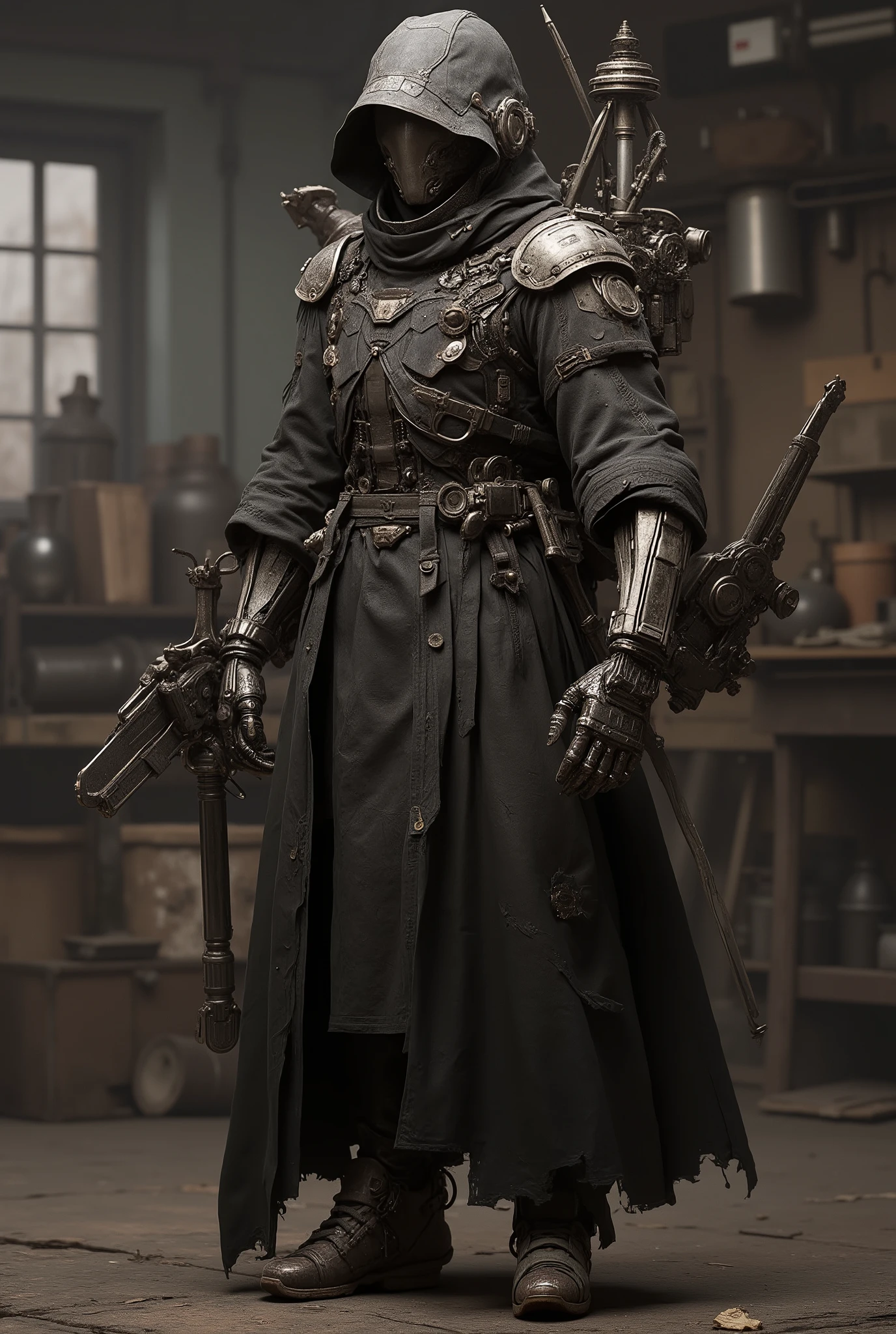 Mecha Scarecrow,JA,((masterpiece)),((best quality)),((high detail)),((realistic)),
full-body view of a futuristic Scarecrow robot, mechanical armor and tools, elegant yet functional design, mechanical arms with wrenches and gears, metallic textures, standing in a workshop background, cinematic lighting, highly detailed, photorealistic, (((full body))), (((((show full body from head to toe))))),
