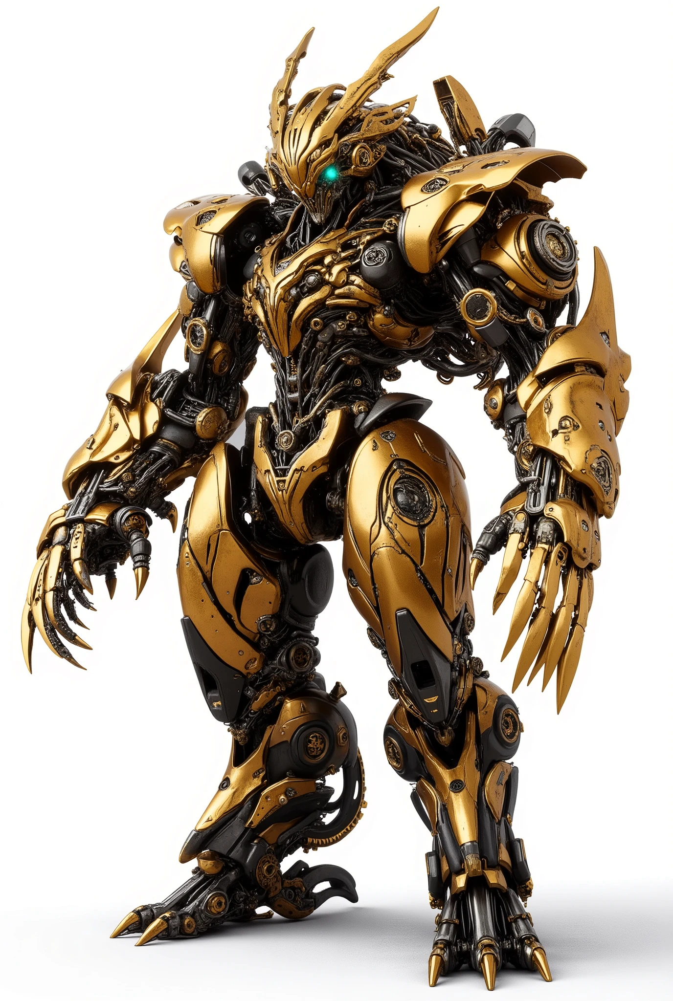 AICyber_Machine,MechaII style,JA,((masterpiece)),((best quality)),((high detail)),((realistic)),
full-body view of a futuristic lion robot, mechanical armor and tools, gold body, mechanical arms with wrenches and gears, metallic textures, standing, white background, cinematic lighting, highly detailed, photorealistic, Worn and old, rust
