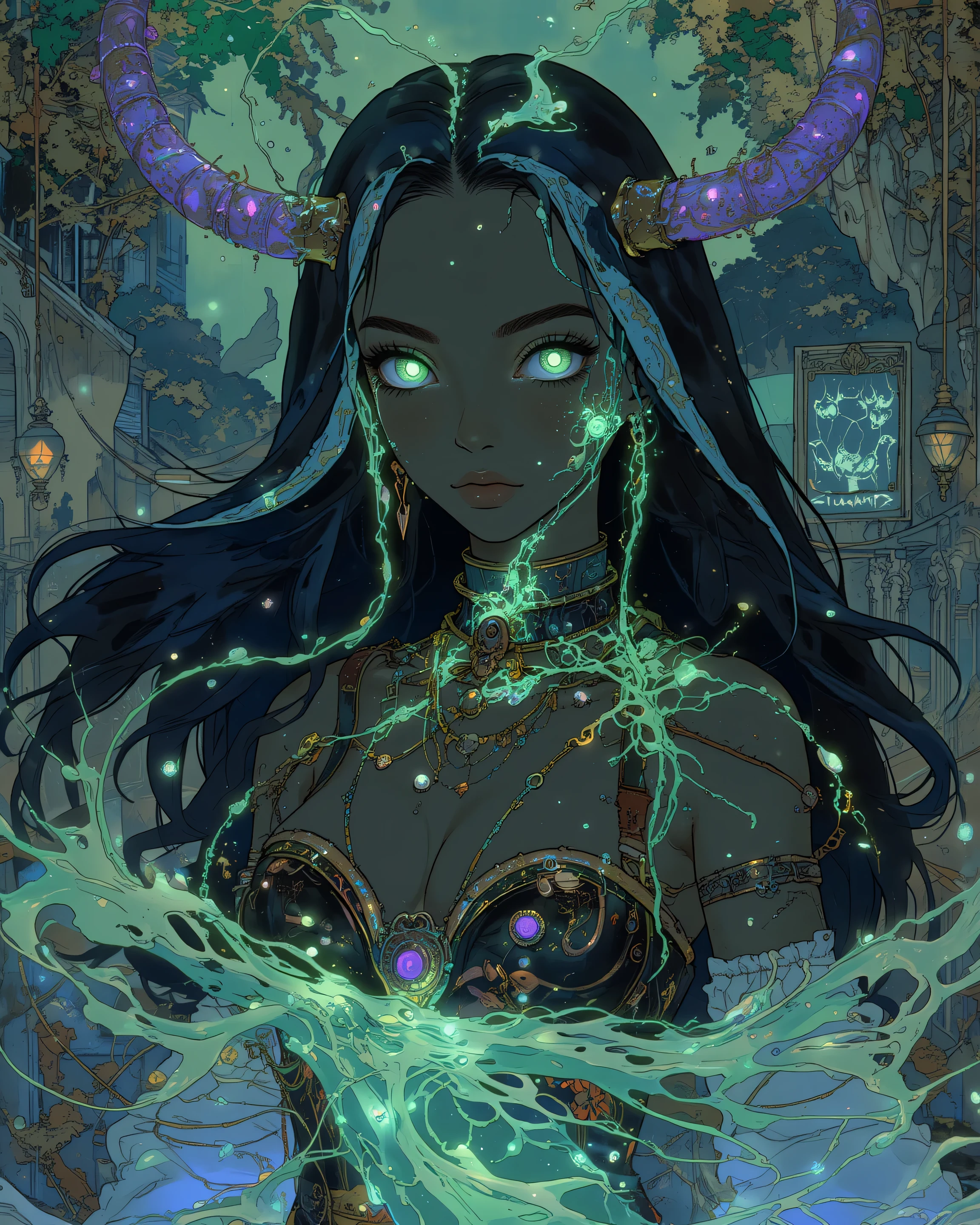 3d (neon light green and violet ),sexy nun, black woman, bare chested, devil horns \(large\), highly detailed, dmt, witch, geodes, glowing eyes, light flowing in and out of her body, flowing glowing water, metal, art nouveau