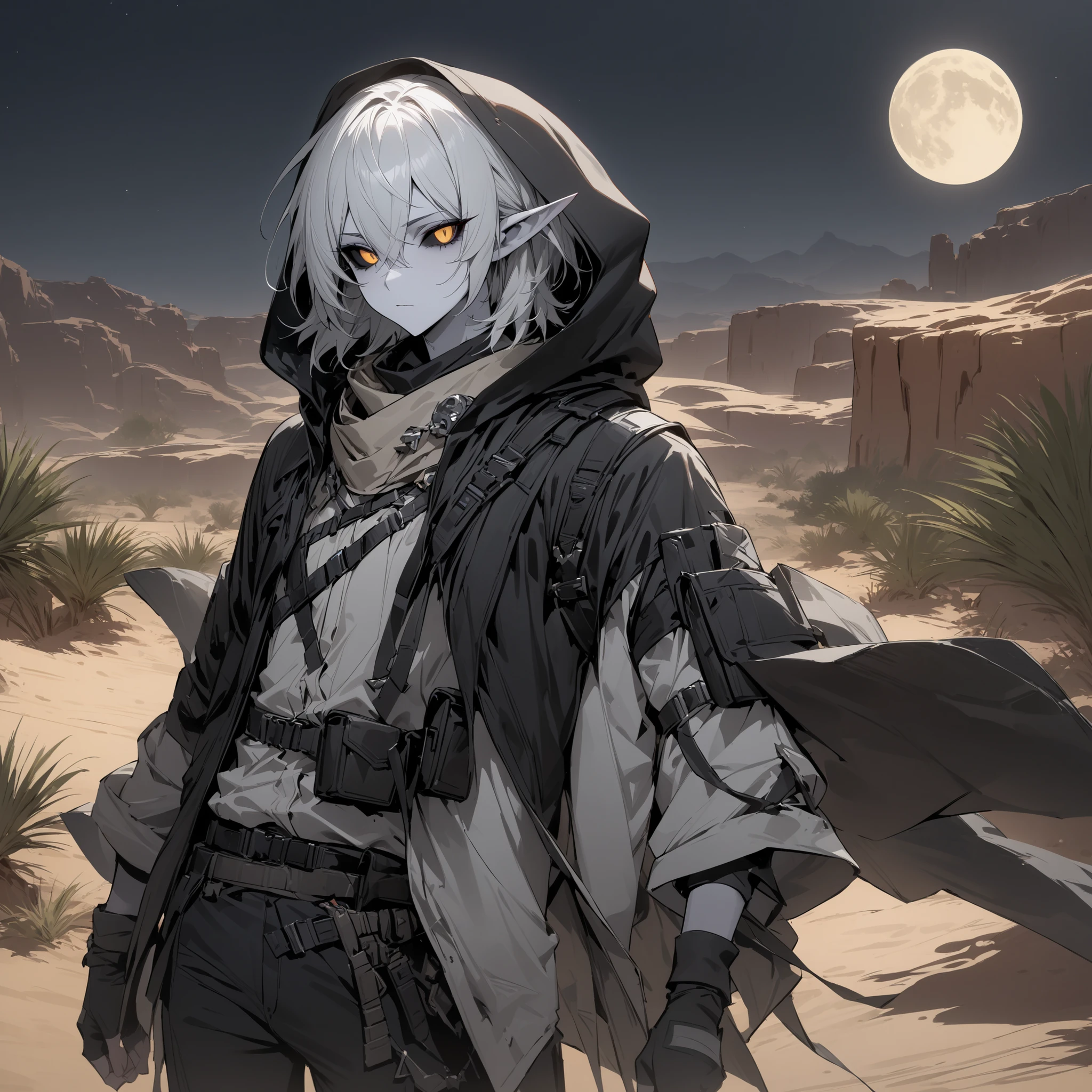 black sclera,Masterpiece, High quality, Best quality, Quality masterpiece, 1 man, Male, head, grayish white skin , grayish white coloured skin, elf ears, Short hair, white hair, white sclera and yellow eyes, wide collar, hood up, white shirt, black jacket, black gloves, fingerless gloves, black pants, Three-quarter pants, belt accessory, belt pouch, outdoors, desert, oasis, nighttime, full moon.