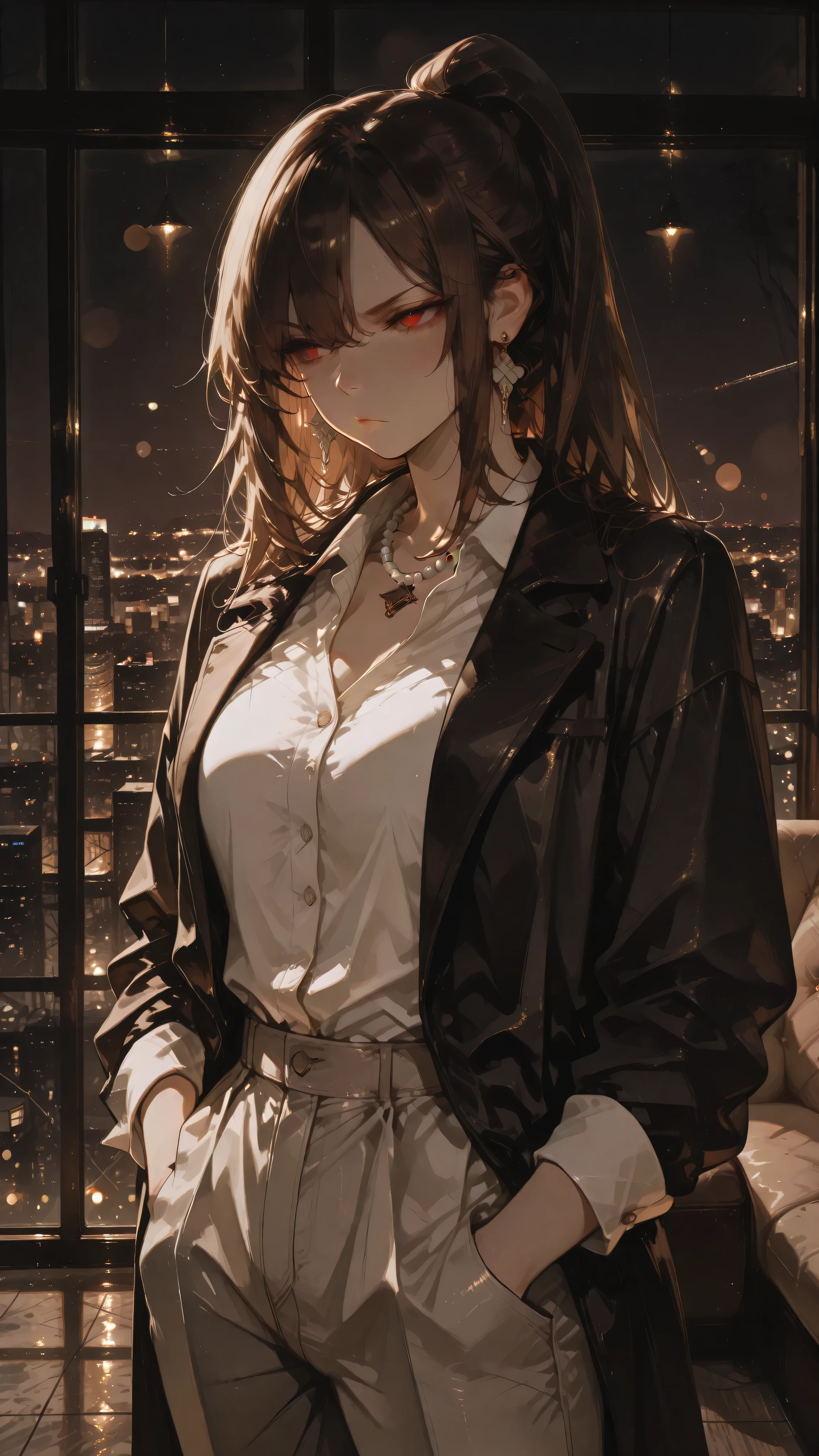 Anime girl character, long straight hair, high ponytail, brown hair, red eyes, Tsundere expression, half-closed, averted gaze, dramatic pout, slightly blushed, toned body. Wearing a unbuttoned white dress shirt, long black overcoat, grayish brown tailored pants, earring, pearl necklace. Standing, hands in pants pockets, living room, luxury penthouse, floor-to-ceiling window, city skyline at night. Anime illustration, close-up, dynamic angle, dramatic perspective, masterpiece, ultra-detailed, dynamic volumetric lighting, bokeh background, cinematic atmosphere, ultra-sharp focus, soft shadows, realistic shading, realistic anime skin texture, realistic anime fabric folds, dark ethereal style, haunting ethereal atmosphere.