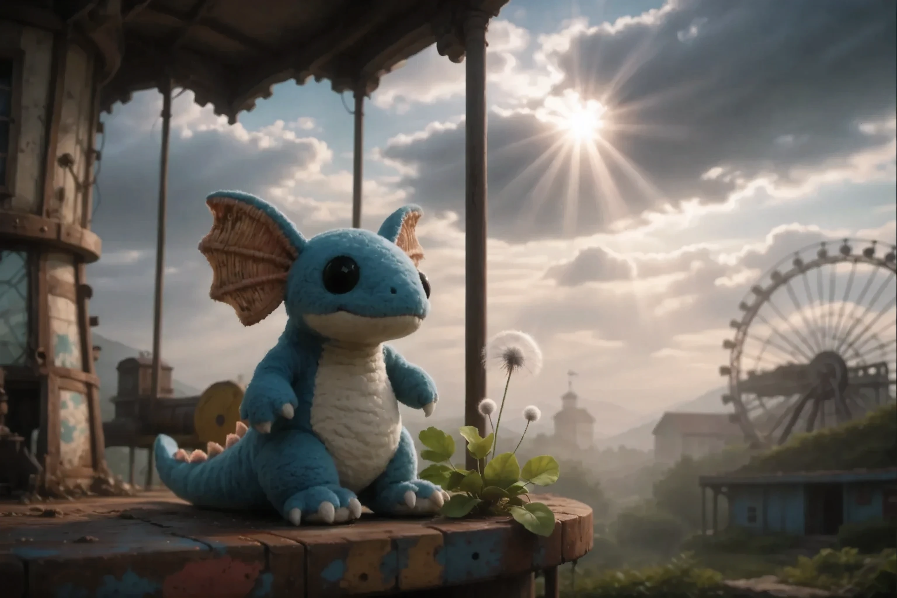 (hyperrealism:1.5), best quality, ultra-detailed, Highest resolution 8K, A cinematic emotional static frame, 8K UHD, extremely detailed, physical visualization, masterpiece, HDR, (sfw:1.4),
Close-up on a toy carousel sits a plush toy Character_Fuli with big fins on its head, made of thread. And with huge black plastic eyes. Old and dirty, worn out and slightly torn. next to a gap in the carousel's iron paneling, a small white one grows dandelion with rich green leaves.
In the background, you can see an abandoned amusement park hidden in a thick white fog.
(Rays of warm sunlight fall illuminating warm bright areas:1.4)
Very dark shot A dark gloomy sky with clouds.
Rich, contrasting bright colors in the dark frame.
Everything covered and abandoned with rusty and chopped paint.
Контрастный тёплый свет падает лучами с неба Through the clouds.
A contrasting shot and full of colors, character contrast and falling light in areas illuminating areas of the frame.
Bright sunny morning light falls through thick, multiple beautiful clouds, Through the clouds.