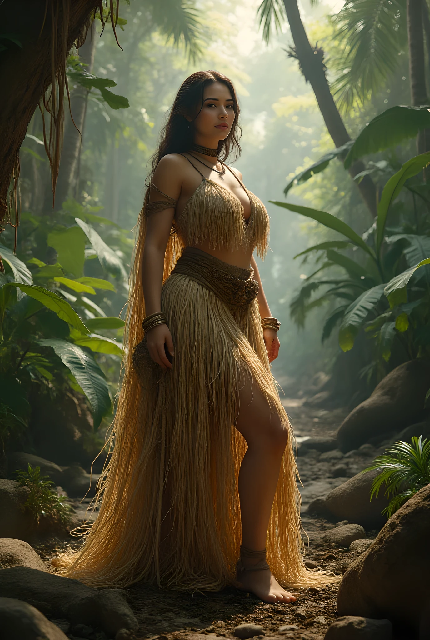 Primitive age era, (prehistoric age era:1.6), ((Realistic cinematography ultra-wide angle depth intense details of realistically stunning tropical jungle landscape scenery)),a focusing realistic happy female bard,an ultra detailed jungle scenery,livelihood,(every features are depicted clearly),(realistically and intricately tropical scenery),((prehistoric age)),,(primitive long straw cloak fully enveloping gown),,(perfectly depth symmetrically precisely full body curvy shaped),(cinematic dynamically camera widely angle scenery:accurately depicted:1.3),the lively prehistoric cradle of historcal depicting scenery,afternoon,realistically full depth,autumn season,(cinematography dynamic angle|hyperrealistic:realistic scenery:3d texture over the scenery),best videography angle,hdr,, (cinematography vibe),primitive fur fabric wardrobe,(dynamic image composition),(octane 3d rendering|50mm lens shot:1.3),(precise lifelike skin texture:lifelike hairs:realism),(best rule of third photography composition),(best image aperture),(full details depth of field),(best shutter speed),(RAW photo image),(photorealistic|photorealism:hyperrealism style),(realistic depth 3d:cgi:1.3),(trending on cgsociety:devianart:unreal engine 5),,(best photography:national Geographic style), bronzePunkAi and sandalPunkAi artwork, digital art,best lighting concept,(realistic intricately fixed truly fully human's anatomy body+hands+and+fingers anatomical),natural motion,inspired by farcry5 game artwork, SFM,