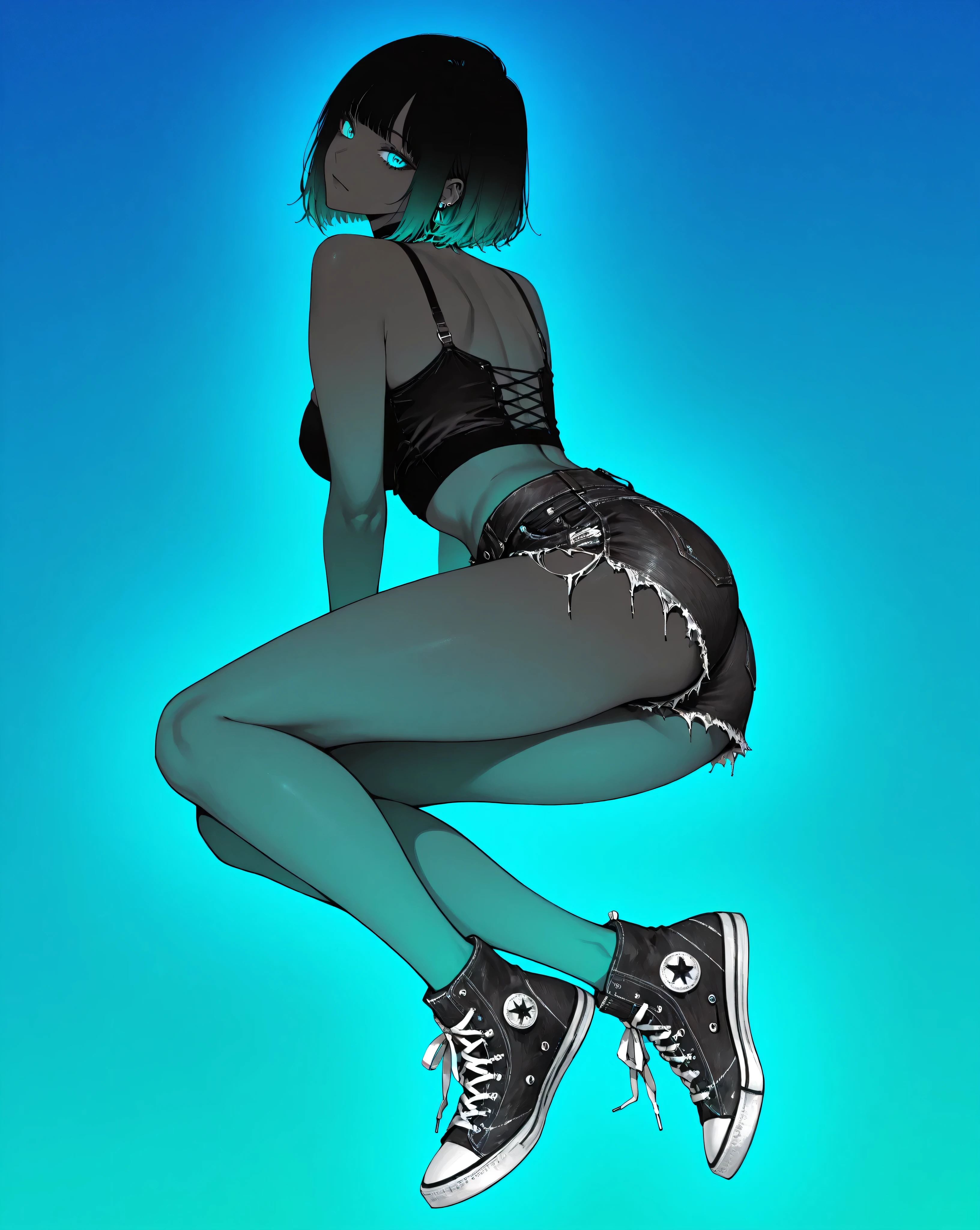 woman,sexy harnesses, black cut off shorts, converse sneakers,illustration,gradient,spot color,blue,green. 