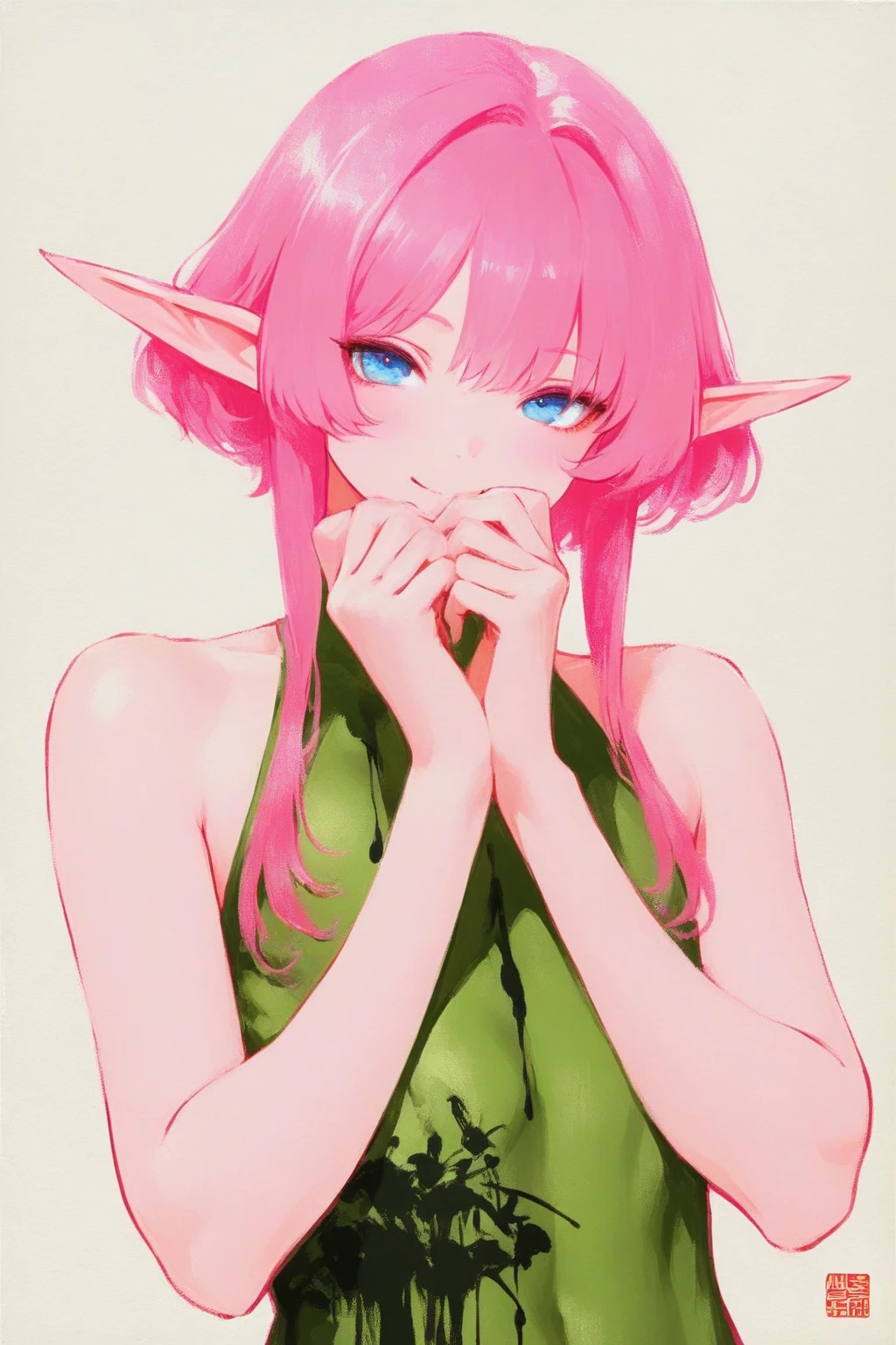 (Little  elf girl. Beetles crawl on the body. pink long hair, Beautiful legs, flat . Lying on my back on the ground in the forest, legs spread wide. The  and  are clearly visible. There is a big fox man standing nearby.. Elf girl scared and . There is a bag and a bow with arrows nearby....) wet, flowing, long ,  sticking up, the gap between the thighs..