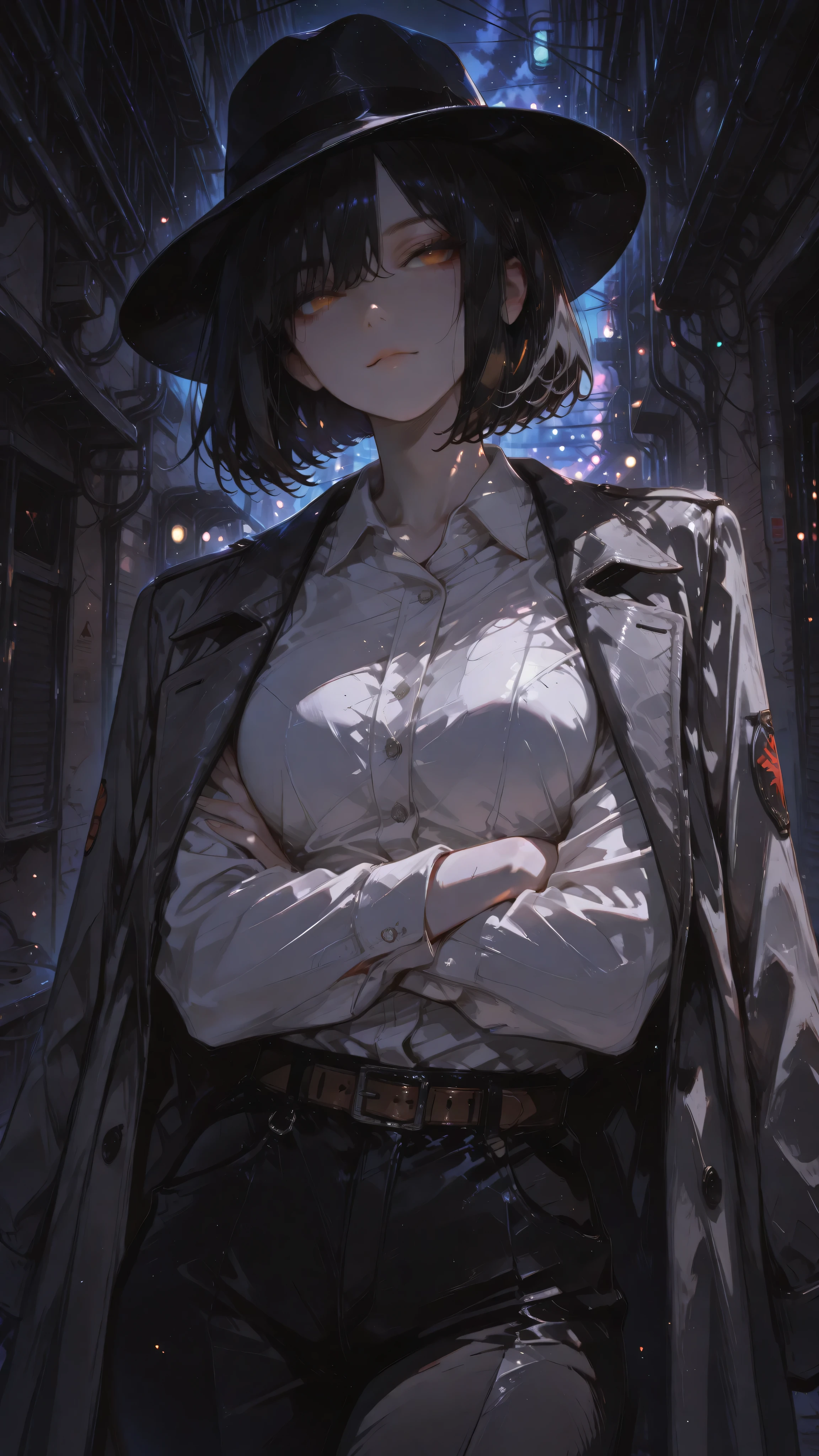 Anime girl character, straight bob hair, black hair, amber eyes, Kuudere expression, half-closed gaze fixed with indifference, relaxed mouth with a trace of an imperceptible, toned body. Wearing a dark gray trench coat, off-white dress shirt, black tailored pants, brown belt, black fedora hat. Standing, arms crossed, leaning back, in an alley, night, full mono outside. Anime illustration, close-up, dynamic angle, dramatic perspective, masterpiece, ultra-detailed, dynamic volumetric lighting, bokeh background, cinematic atmosphere, ultra-sharp focus, soft shadows, realistic shading, realistic anime skin texture, realistic anime fabric folds, dark ethereal style, haunting ethereal atmosphere.