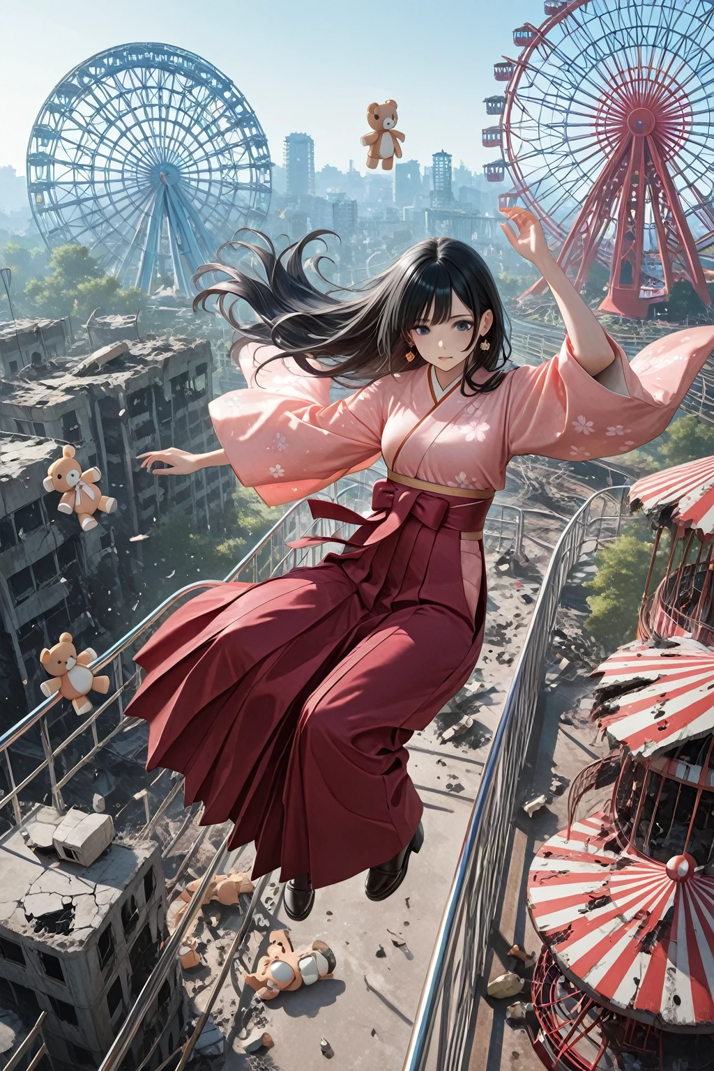 1woman,((((fullbody image)))),red kimono,((((flying)))),(((((flying over houses))))),huge hair,jumping(best quality,4k,8k,highres,masterpiece:1.2),ultra-detailed,(realistic,photorealistic,photo-realistic:1.37),detailed face,beautiful eyes,elegant pose,intricate kimono patterns,flowing hair,dramatic lighting,cinematic composition,vibrant colors,fantasy,digital art
