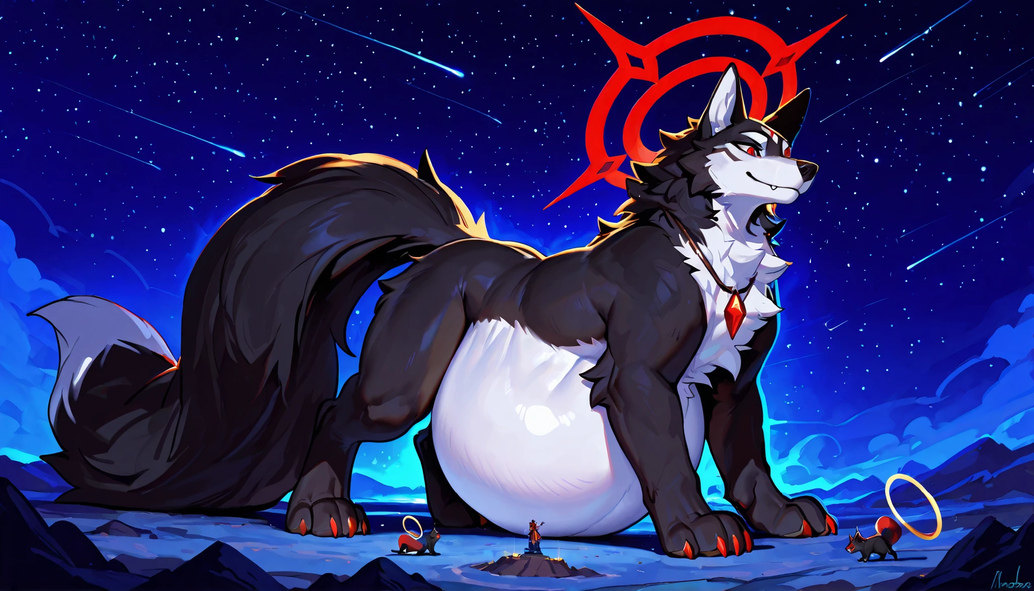 4k ultra quality, 4k full body view,(ultra high detailed body),((feral)) wolf,by mystikfox61, by glitter trap boy,feral paws, by bebebebebe,by morethreedee, by seibear,sharp nails,((sfw)),(ultra detailed face),detailed eyes,big tail,fluffy tail,(detailed tail),enomorous tail,bigger tail,huge tail,volumetric light,fluffy paws,(feral focus), beast,(bigger lower body),(thick legs),master works, super fine, 4k resolution, high quality,high picture detail,illusory engine, Masterpiece,dire wolf,faint lighting,enomorous belly, huge belly, (hyper belly),(macro),(giga),among mountains,wearing crystal necklace,(feral mount:1.3),((smaller head)),((enomorous body)),(thick paws),(huge halo),red halo,(black fur),white belly fur,in space,red eyes