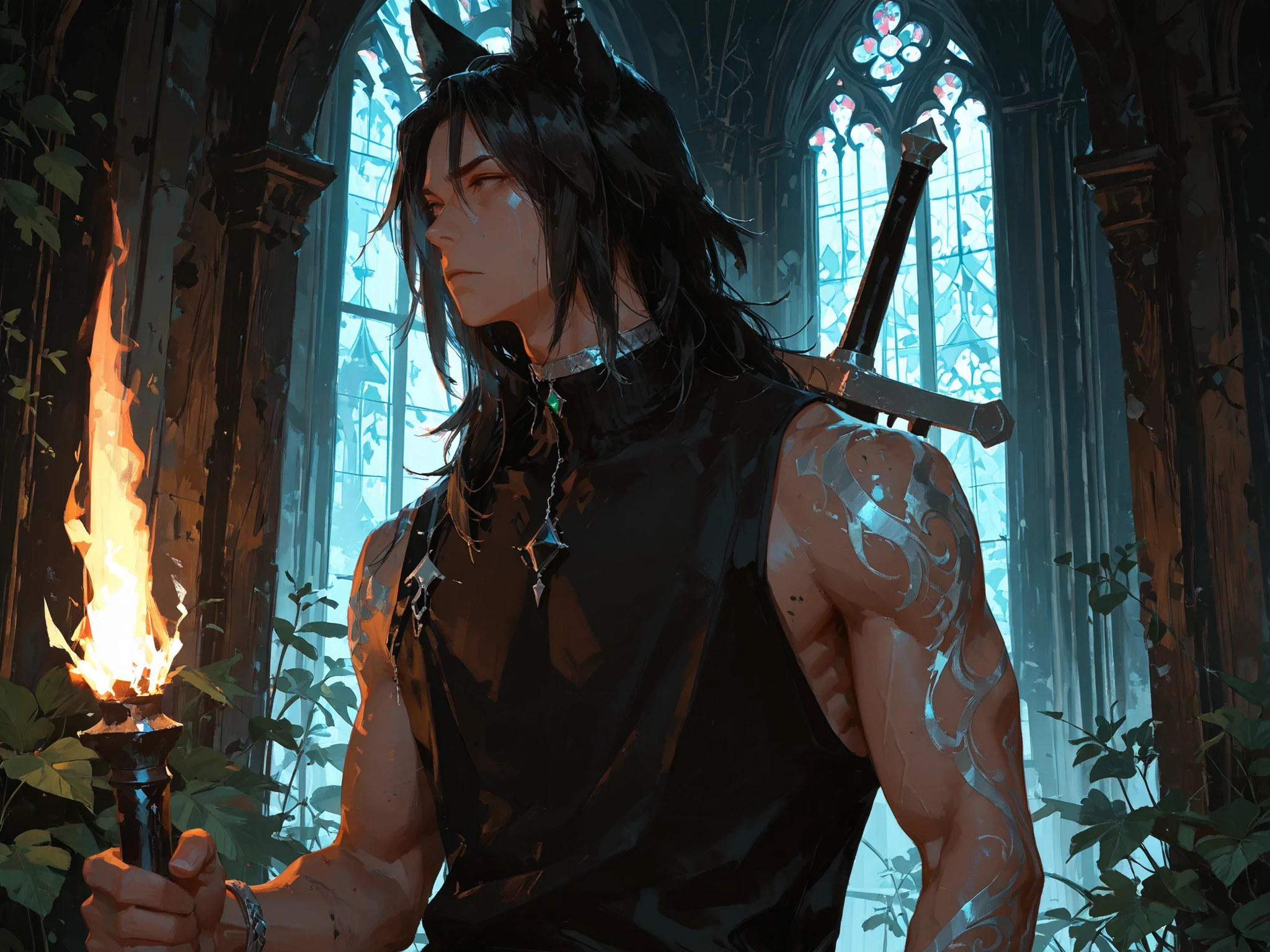 close-up, dutch angle, looking away, makes an aesthetic, Master piece, Best Quality, ultra detailed, (a handsome man :1.6), solo, (male:1.6) long Hair, black hair, toned, dark skinned, black turtleneck sleeveless shirts, silver tattoo on shoulder, black wolf ears, silver choker with black gem-stone, silver bracelets, holding a wooden long torch, a sword on back, ruin in background, greenery, rotting church, Beautifully detailed background, night