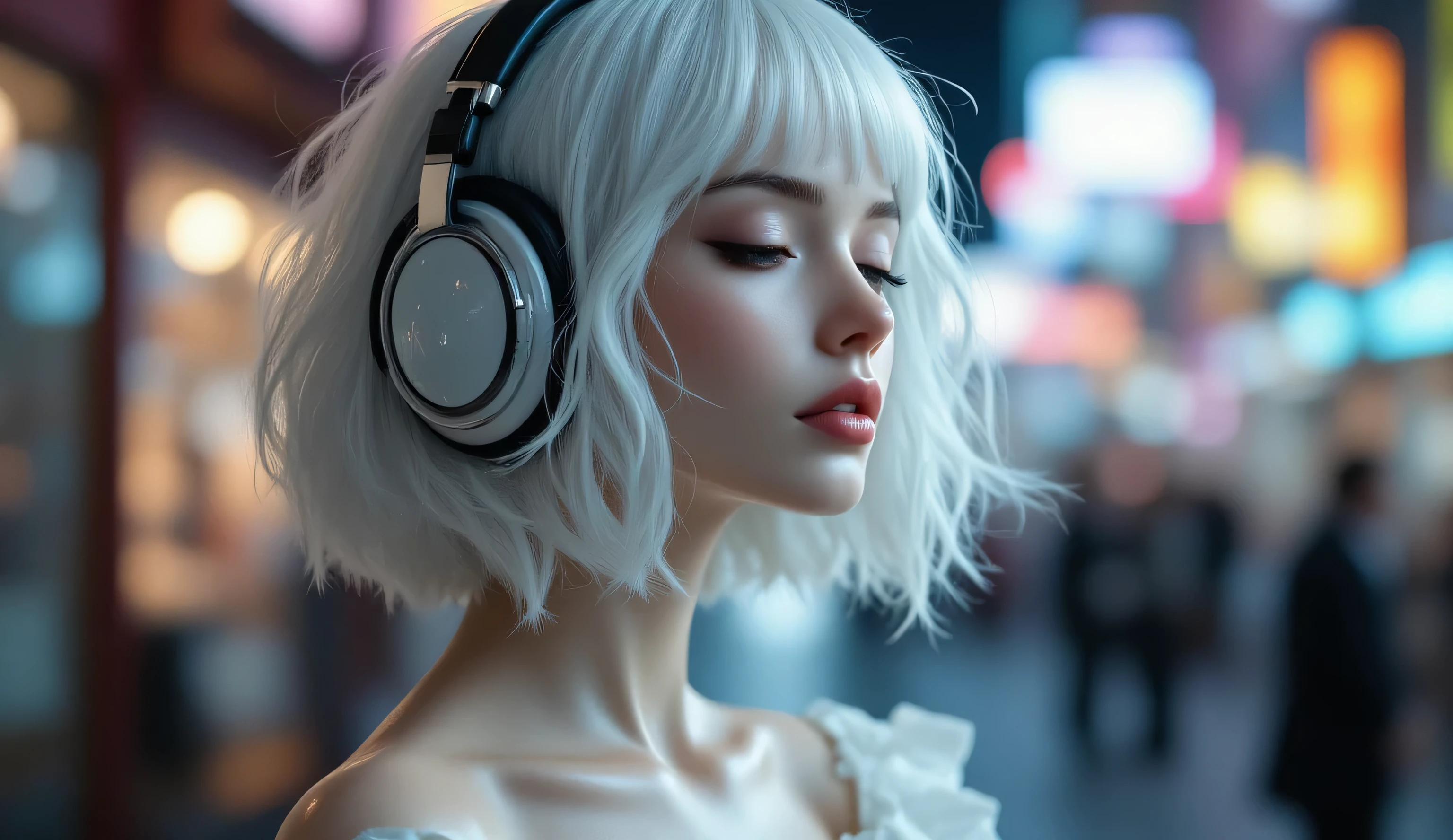 (masterpiece, ultra-detailed, photorealistic, cinematic lighting),
a beautiful young woman with short fluffy white feather-like messy bob hair,
wearing elegant off-shoulder white dress,
(pure porcelain ceramic skin, glossy glazed texture, fragile and reflective, cold highlights on cheek and shoulder, sculpted doll-like face, smooth surface with subtle ceramic shine, not soft beauty retouch, not natural skin pores, not plastic toy, not mannequin, not BJD, not CGI render, not cartoon),
large realistic grey eyes gently closed, lips slightly parted,
immersed in music with a blissful, intoxicated expression,
wearing large over-ear headphones,
composition: half-body portrait from chest up, centered framing, generous headroom above,
background: nighttime city street, blurred neon signs and dim streetlights, soft bokeh, cinematic urban atmosphere