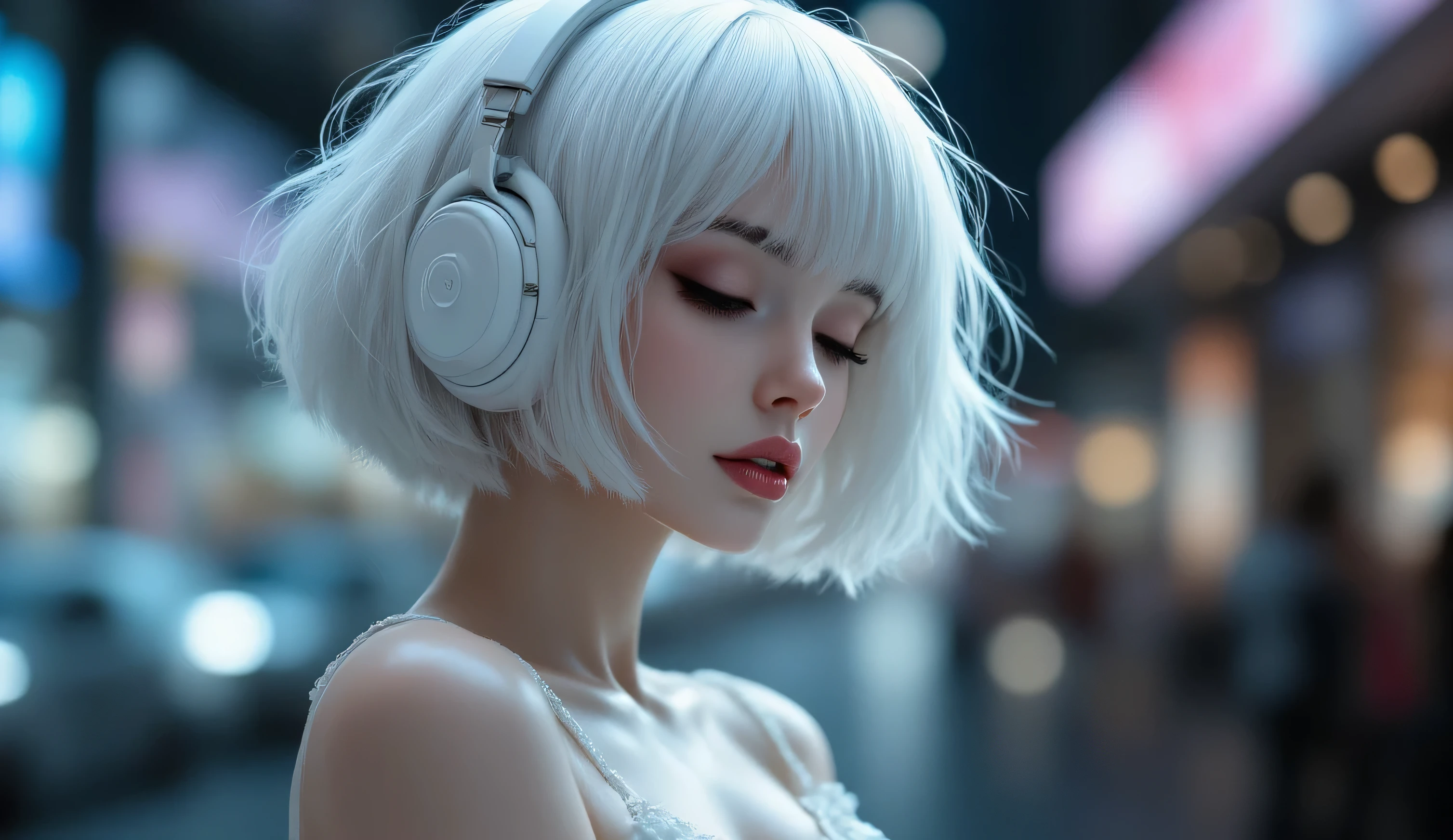 (masterpiece, ultra-detailed, photorealistic, cinematic lighting),
a beautiful young woman with short fluffy white feather-like messy bob hair,
wearing elegant off-shoulder white dress,
(pure porcelain ceramic skin, glossy glazed texture, fragile and reflective, cold highlights on cheek and shoulder, sculpted doll-like face, smooth surface with subtle ceramic shine, not soft beauty retouch, not natural skin pores, not plastic toy, not mannequin, not BJD, not CGI render, not cartoon),
large realistic grey eyes gently closed, lips slightly parted,
immersed in music with a blissful, intoxicated expression,
wearing large over-ear headphones,
composition: half-body portrait from chest up, centered framing, generous headroom above,
background: nighttime city street, blurred neon signs and dim streetlights, soft bokeh, cinematic urban atmosphere