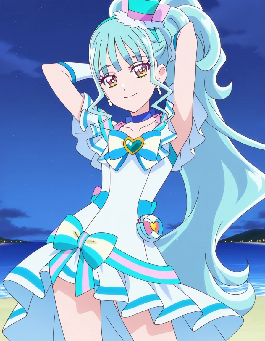 Cure Lillian, light blue hair, very_long_ponytail, wavy hair, purple_eyes, multicolored eyes, small_breasts, earrings, mini hat, hair_ornaments, bangs, light blue precure costumes, anime screencap, high quality, solo, night sky, beach, arms behind head, ((contrapposto)), closed mouth, cowboy shot, looking at viewer, smile best quality