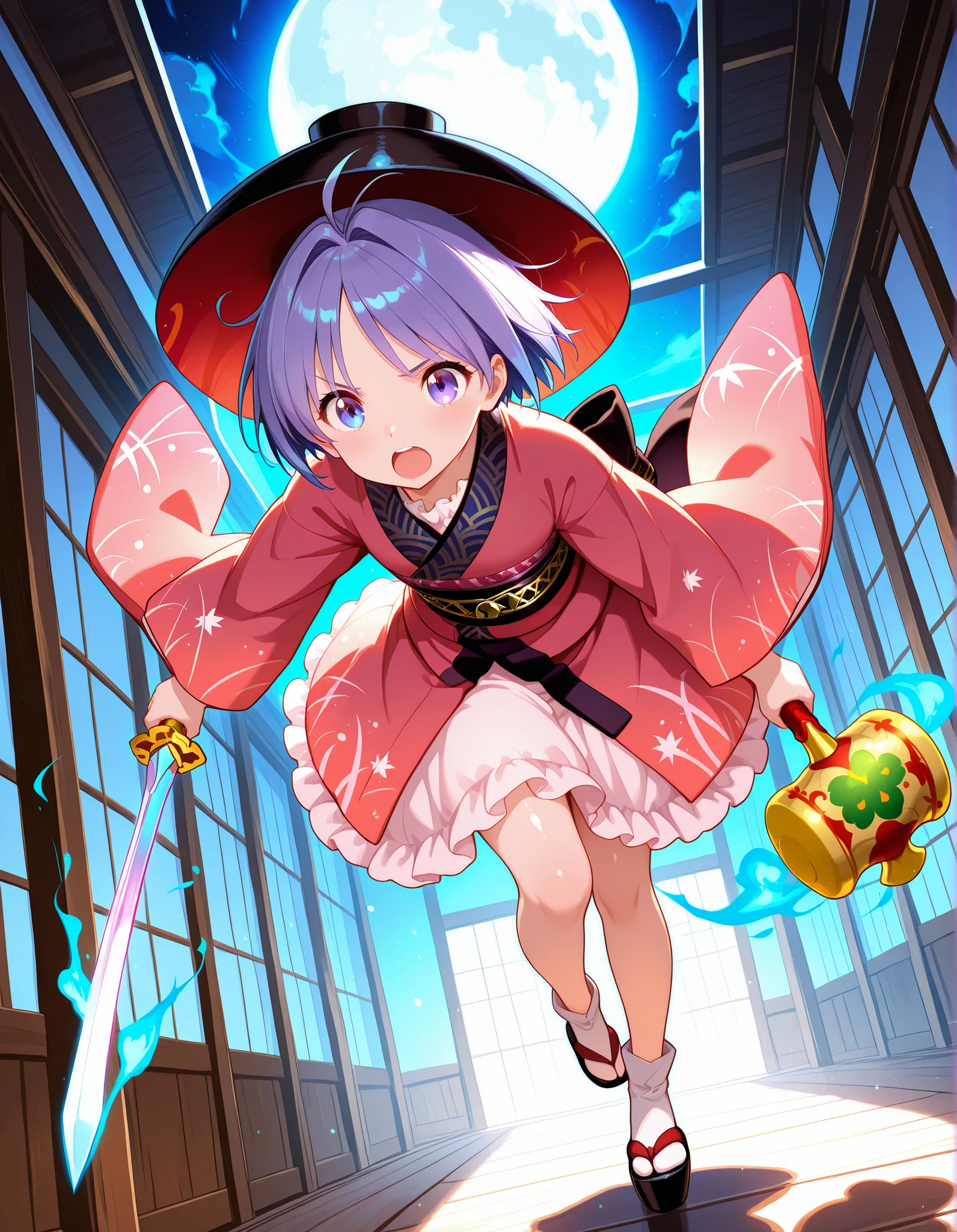 high quality, masterpiece, detailed, 8K, beautiful lighting, five fingers, anime style, vibrant colors, Inside a dark brown Japanese-style wooden building, the world is at night, the ceiling is high and the building is made of dark brown wood with windows on both sides, revealing a fantastical world outside. There is no ground inside the building and the girl is floating in the air. A girl is holding a golden mallet and brandishing it towards us. Her expression is defiant, her mouth wide open, and a fantastical, colorful, smoky aura surrounds her. sukuna shinmyoumaru, 1girl, solo, blue eyes, purple eyes, blue hair, purple hair, short hair, antena hair,
bowl hat, japanese clothes, red kimono, frilled kimono, long sleeves, wide sleeves, sash, pink skirt, frilled skirt, miracle mallet, needle sword, shiny skin, shiny, detailed eyes,anime eyes,high detail eyes,multicolored iris,detailed iris, The girl is small, like Issunboshi, and the scenery in the background is huge. full body, the girl is looking at me, (The girl leans forward and levitates in the air while wielding a magic hammer:1.2). (viewed from dutch angle, low angle shot:1.2), (A fantastic night world:1.2),