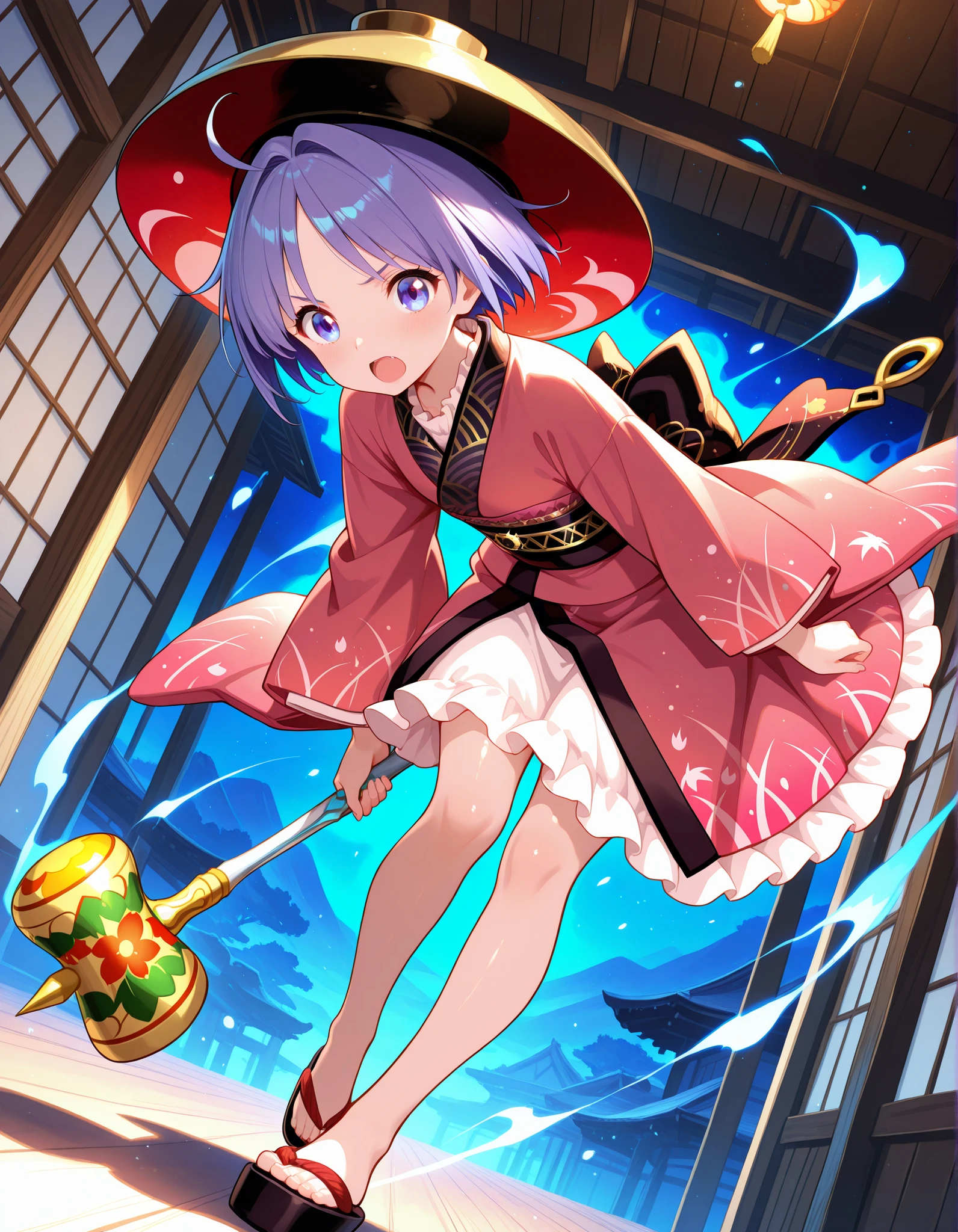 high quality, masterpiece, detailed, 8K, beautiful lighting, five fingers, anime style, vibrant colors, Inside a dark brown Japanese-style wooden building, the world is at night, the ceiling is high and the building is made of dark brown wood with windows on both sides, revealing a fantastical world outside. There is no ground inside the building and the girl is floating in the air. A girl is holding a golden mallet and brandishing it towards us. Her expression is defiant, her mouth wide open, and a fantastical, colorful, smoky aura surrounds her. sukuna shinmyoumaru, 1girl, solo, blue eyes, purple eyes, blue hair, purple hair, short hair, antena hair,
bowl hat, japanese clothes, red kimono, frilled kimono, long sleeves, wide sleeves, sash, pink skirt, frilled skirt, miracle mallet, needle sword, shiny skin, shiny, detailed eyes,anime eyes,high detail eyes,multicolored iris,detailed iris, The girl is small, like Issunboshi, and the scenery in the background is huge. full body, the girl is looking at me, (The girl leans forward and levitates in the air while wielding a magic hammer:1.2). (viewed from dutch angle, low angle shot:1.2), (A fantastic night world:1.2),