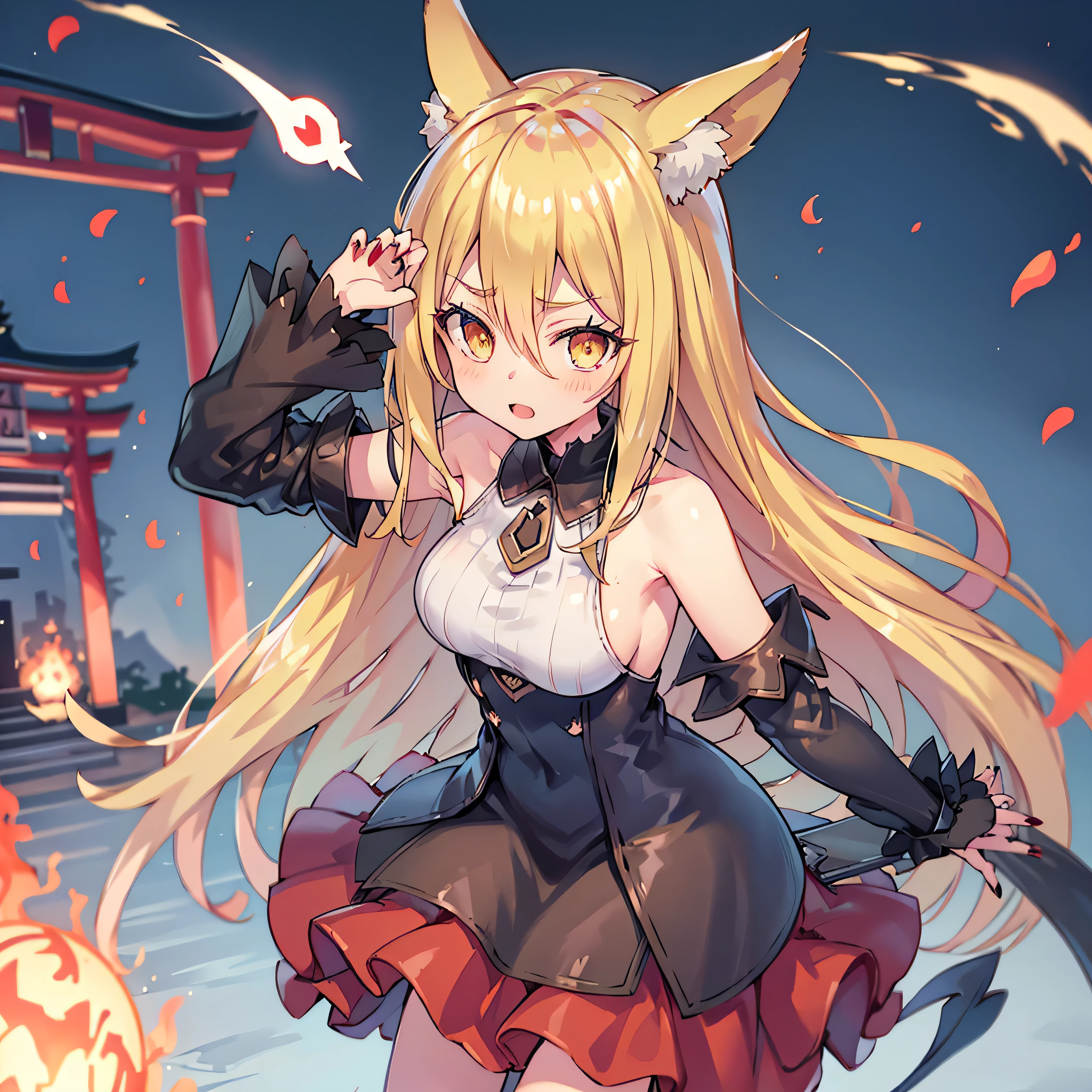Masterpiece, High Quality, สีสันbrightมาก, bright, Excellent, Anime Style, high detail, 8k, high definition、Sexy Woman、big breasts、Fox's Demon Fox( Nine tails、Fox's Ears)、silver-haired、Shiny long hair 、yellow eyes、Sharp nails ( Red Nails )、Sexy Shrine Dress、God々Shining Aura、Wearing the Aura of Light、Effect of fire、พื้นหลัง((God社、Under the Torii Gate))Drama Picture Angle、Dynamic overall composition
