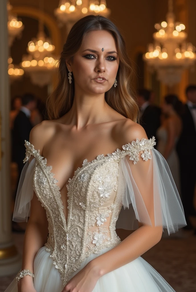 Beautiful and  scandanevian woman, age 20, wore safron colour royal langerie dress, safron veil ornaments,   1:4, stand in royal palace, masterpiece, realistic, detailed,8k